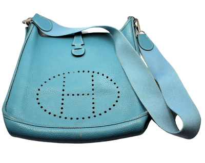 Authentic Hermes Evelyne Blue Jean Clemence Leather PM Handbag Purse for Women - Luxury Everyday Shoulder Bag for Work, Travel & Casual Outings