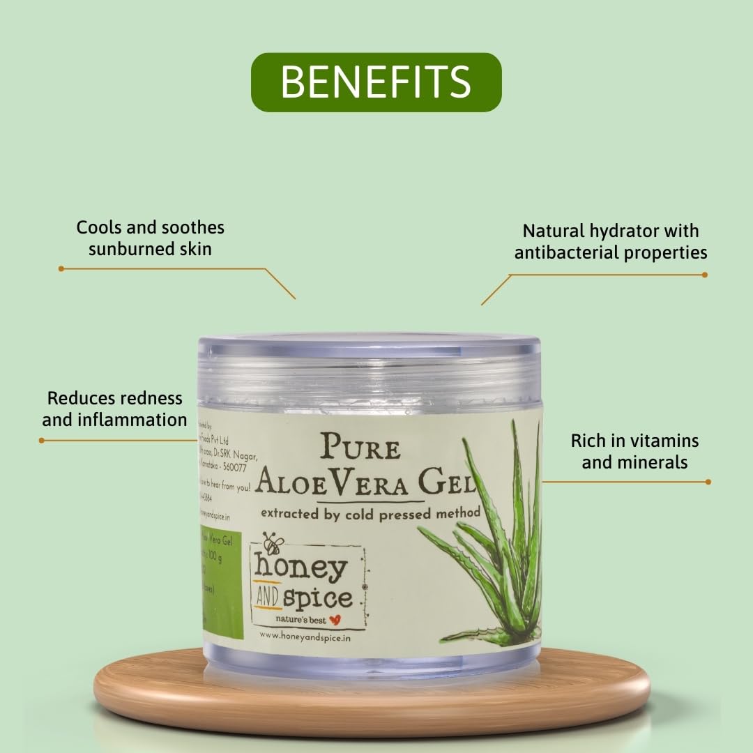 100% Pure Aloe Vera Gel with Honey & Spice - Natural Moisturizer for Face, Body & Hair Care - 3.5oz (100g) - Soothes Sunburn, Hydrates Skin & Promotes Hair Growth - Perfect for After-Sun Care, Daily Skincare & Scalp Treatment