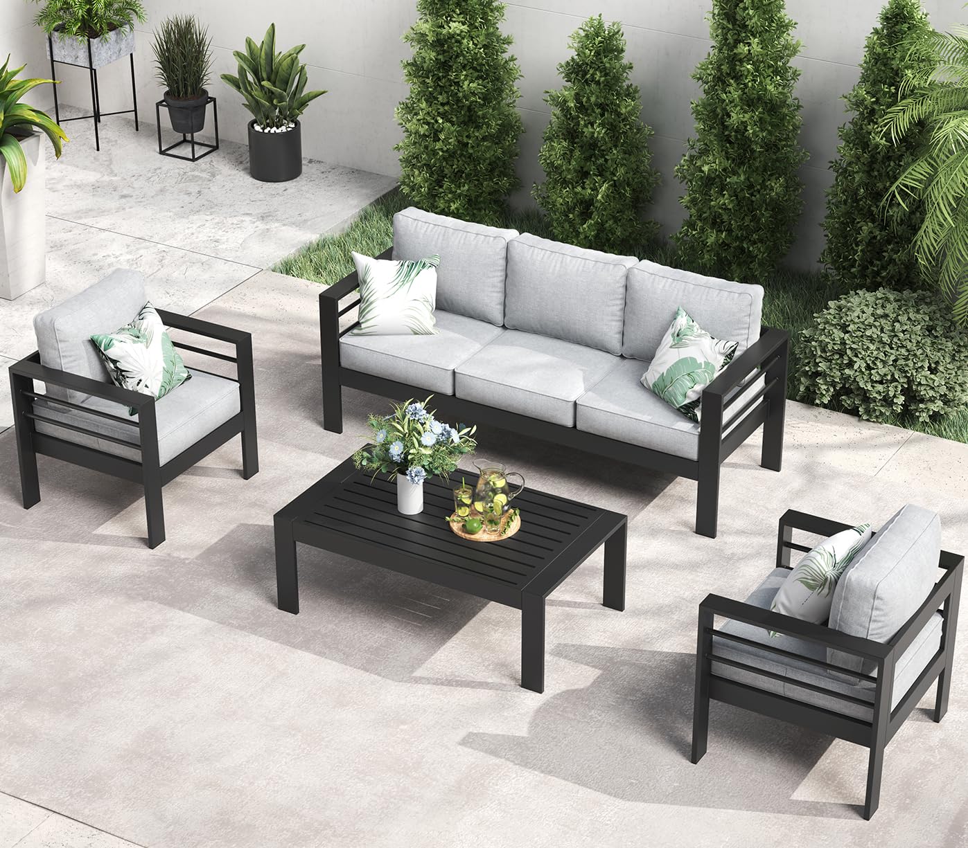 LayinSun 4-Piece Outdoor Aluminum Patio Furniture Set - Modern Sectional Conversation Sofa with Coffee Table for Backyard, Garden, and Poolside Relaxation