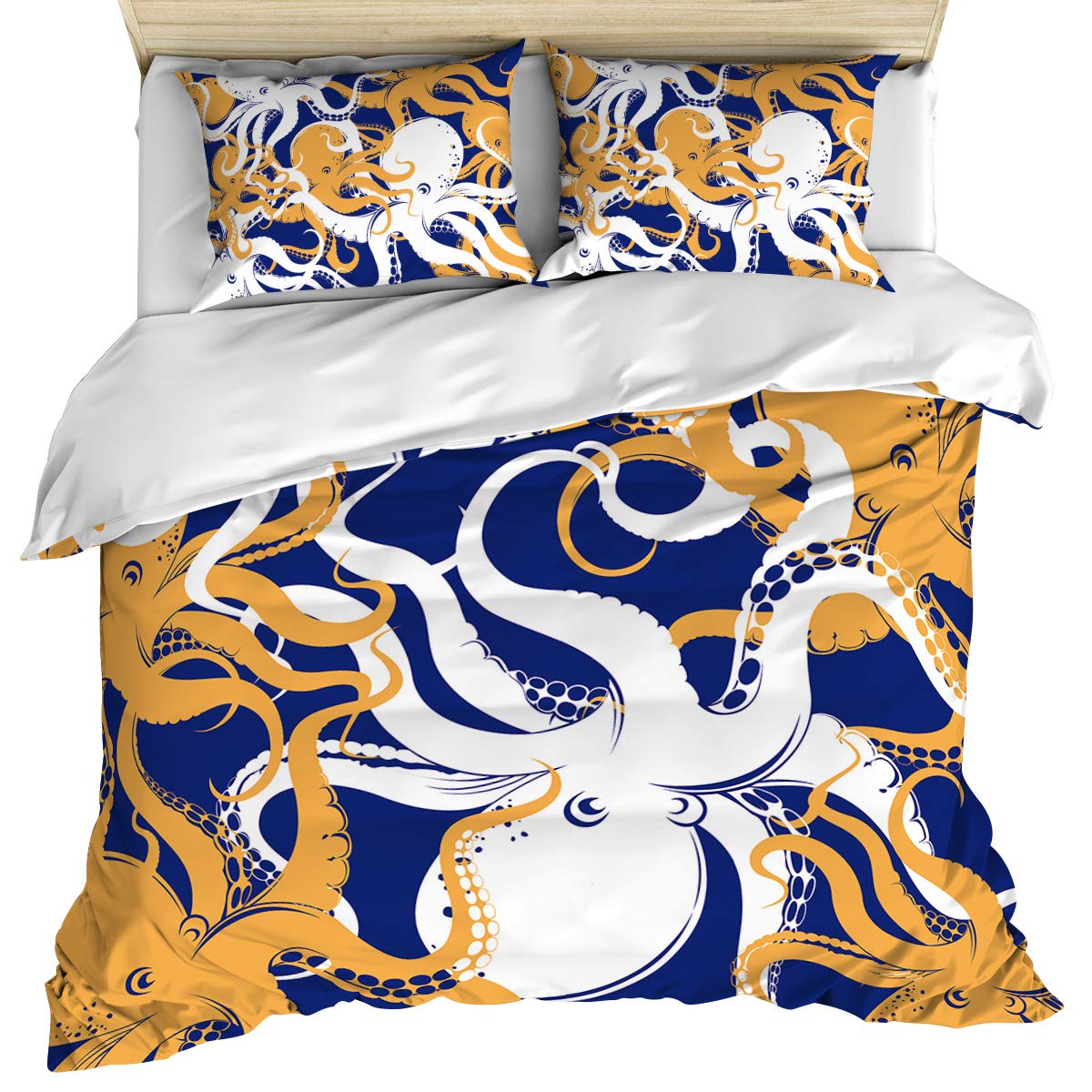 Navy and Yellow Kraken Duvet Cover Set King Size - 3 Piece Octopus Ocean Monster Bedding with Corner Ties & Zipper Closure (1 Duvet Cover + 2 Pillow Shams) - Ultra Soft Breathable Washed Cotton - Perfect for Nautical Themed Bedrooms and Sea Creature Lovers
