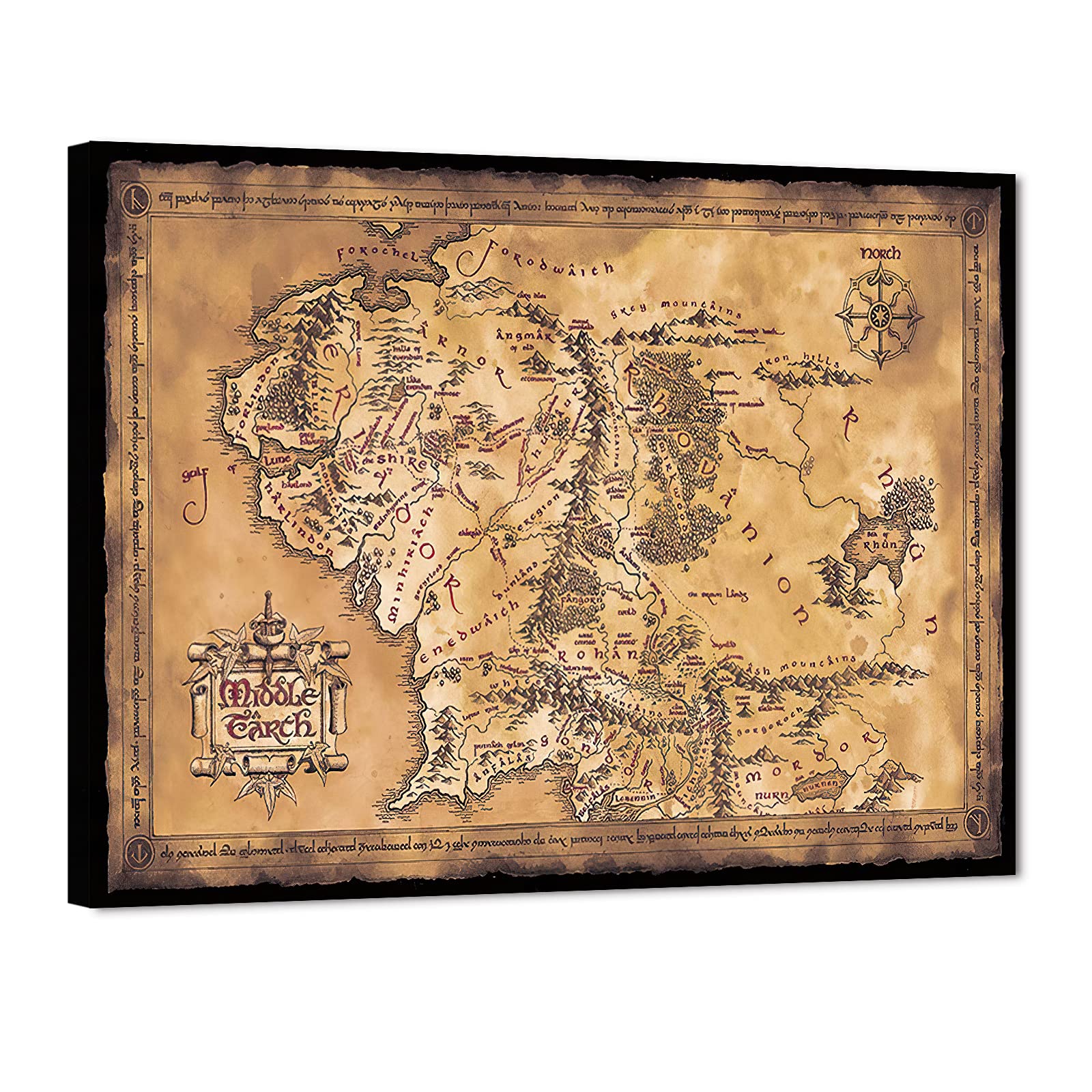 Vintage Middle Earth Map Canvas Wall Art - 32x48 Inches Retro Fantasy Map Poster for Office, Living Room & Game Room Decor - Lord of the Rings Inspired Treasure Map Painting