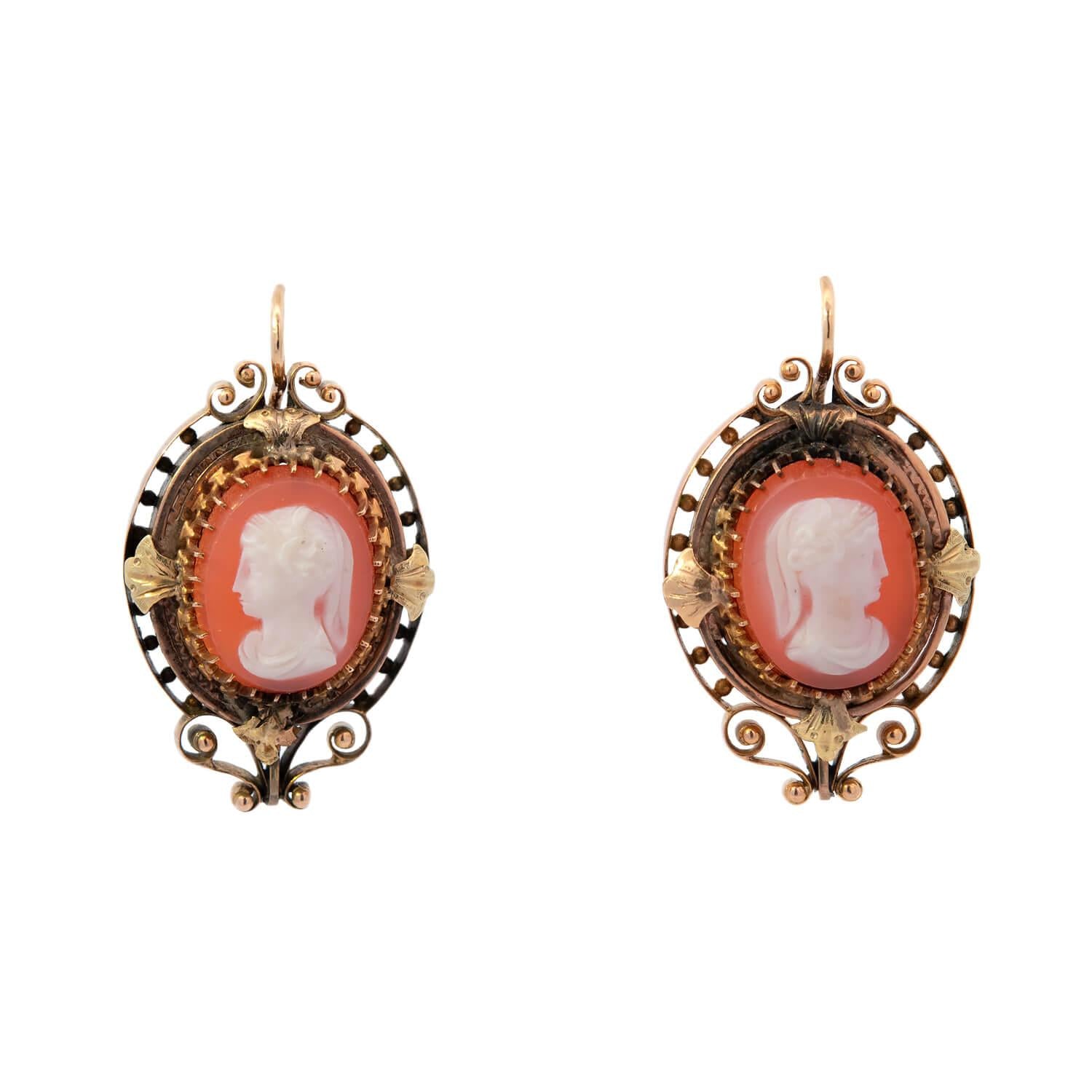 Victorian 14k Gold Sardonyx Hardstone Cameo Earrings with Lady Faces - Elegant Antique Jewelry for Women, Perfect for Weddings, Parties & Special Occasions