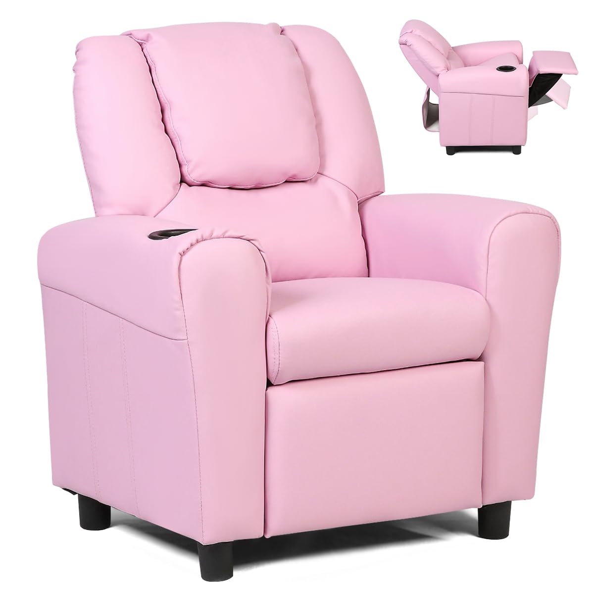 BETTARY Kids Recliner Chair - Adjustable PU Leather Lounge Chair with Footrest, Headrest & Cup Holder - Pink Toddler Couch for Boys & Girls - Perfect for Playroom, Bedroom & Movie Nights