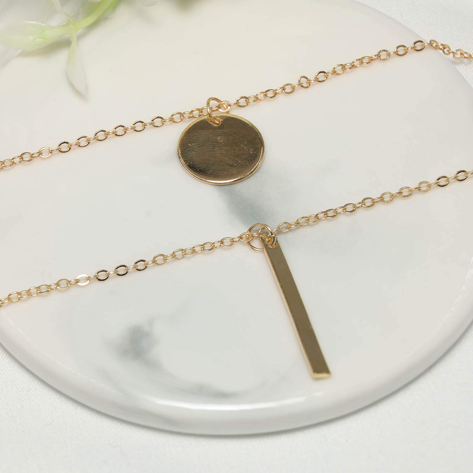 YienDoo Multilayer Gold Sequin Necklace - Round Disc & Vertical Bar Pendant Layered Charm Chain Jewelry for Women and Girls | Perfect for Parties, Weddings, and Everyday Elegance