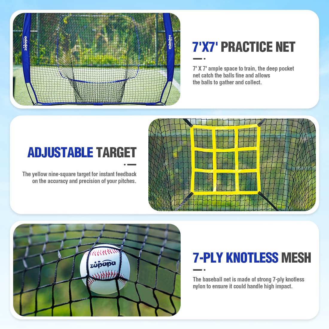 Zupapa 7x7 Feet Baseball & Softball Practice Net with Tee Caddy & 12 Baseballs - Upgraded Vivid Strike Zone Backstop for Hitting, Pitching, Batting & Catching - Perfect for Backyard Training, Team Drills & Solo Practice Sessions