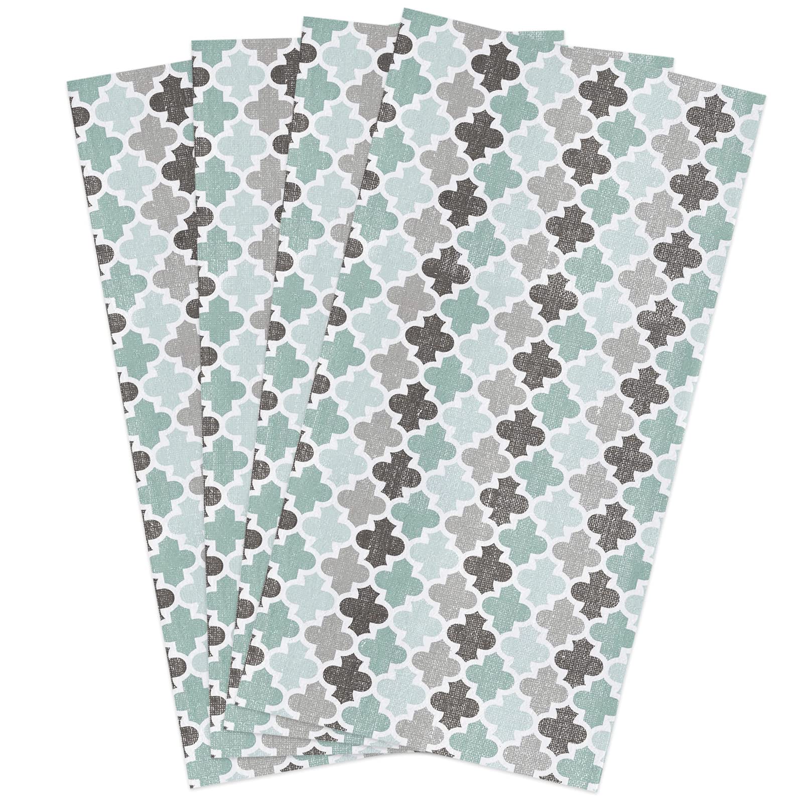 Zadaling 4-Pack Cotton Kitchen Towels - 16x28 Inches Soft Geometric Quatrefoil Pattern Dish Cloths in Aqua Grey | Absorbent Tea Towels, Bar Towels & Hand Towels for Kitchen, Dining & Hosting