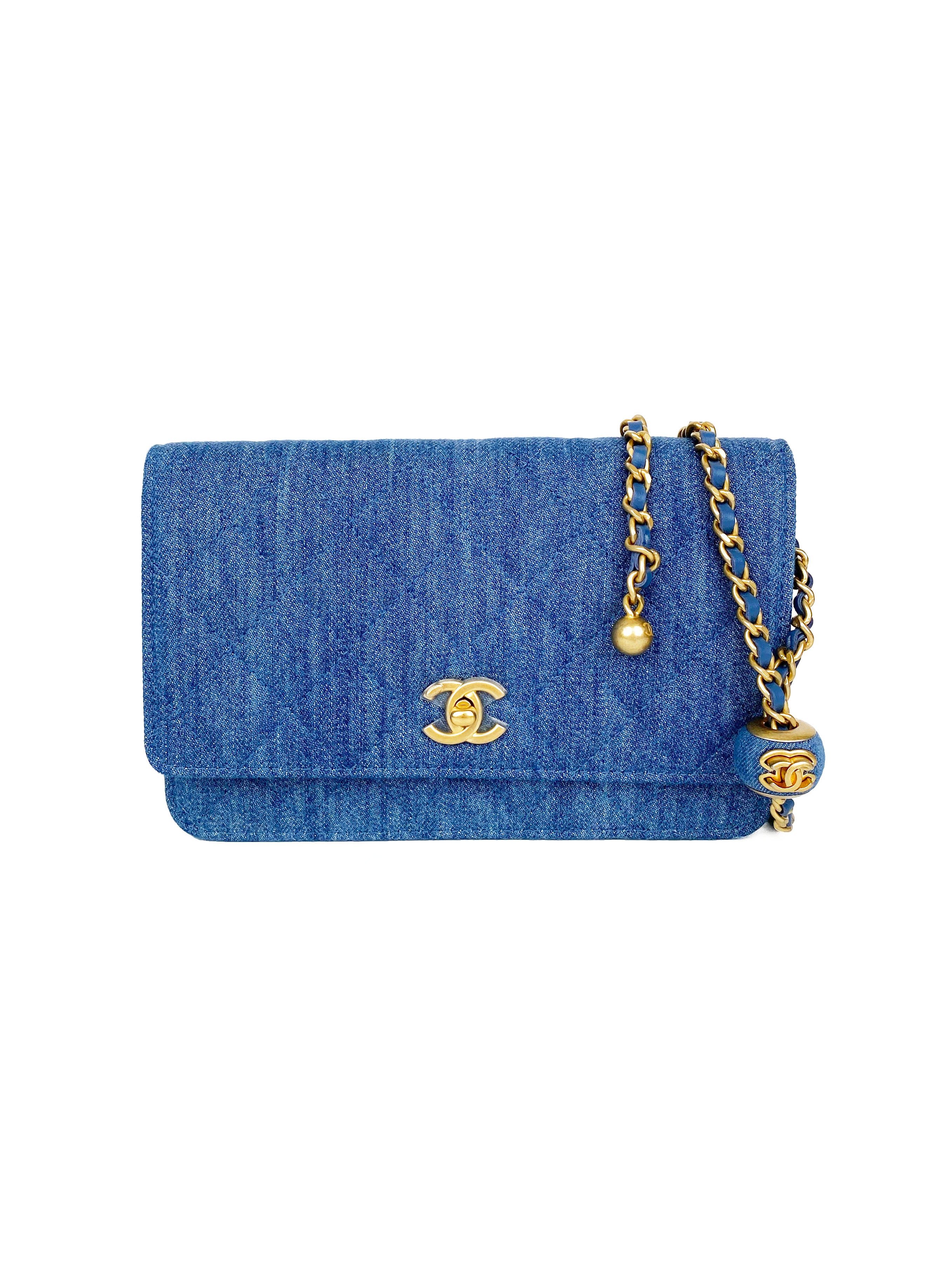 Chanel 22C Denim Wallet on Chain with Pearl Crush - Stylish Crossbody Bag for Women | Perfect for Parties, Date Nights & Everyday Use