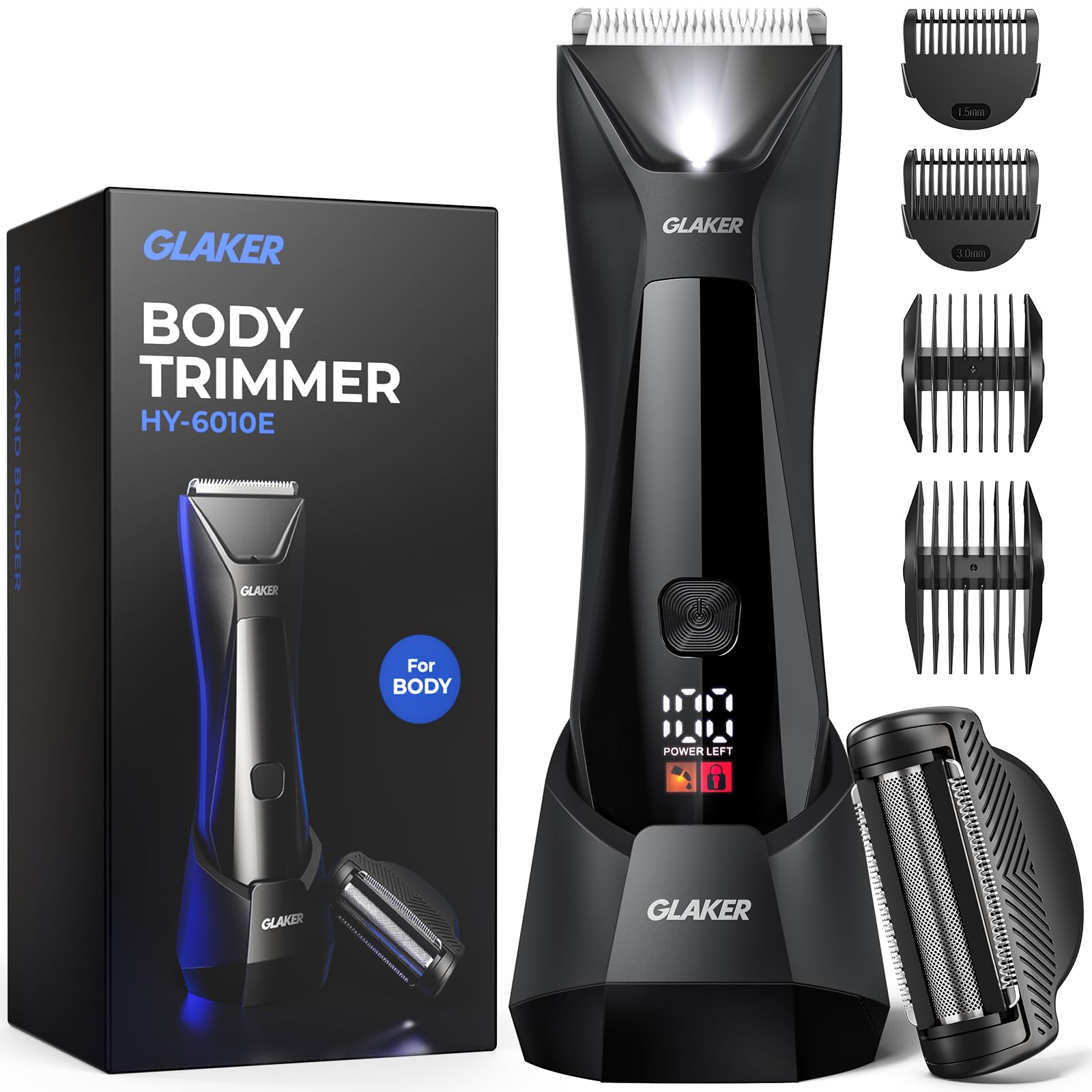GLAKER 2-in-1 Men's Ball Trimmer & Body Shaver - Dual Head Ceramic & Foil Blades for Pubic, Groin & Manscaping - IPX7 Waterproof Electric Hair Trimmer (Black) - Perfect for Travel, Gym & Home Grooming