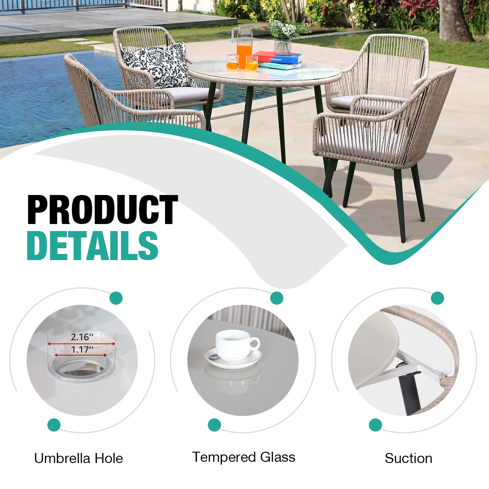 35'' Round Patio Dining Table - All-Weather Rattan Wicker with Tempered Glass Top & Umbrella Hole - Outdoor Coffee Table for Garden, Poolside, Backyard, Restaurant (Tan) | Perfect for Al Fresco Dining, Pool Parties & Outdoor Entertaining
