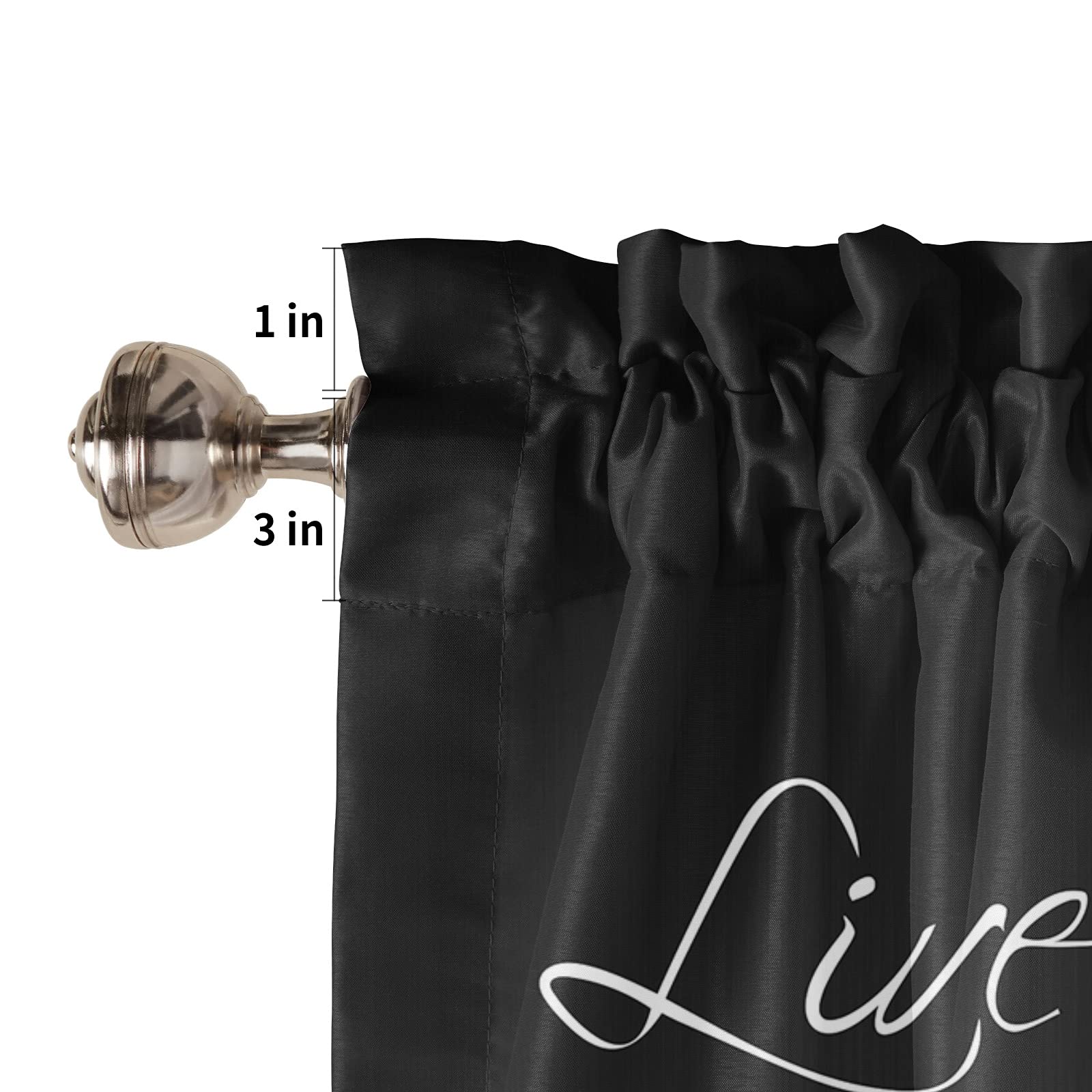 Live Laugh Love Black Rod Pocket Window Valances - 54x18 Inch Curtain Toppers for Living Room, Bedroom & Kitchen Decor | Motivational Home Textiles for Cozy Spaces