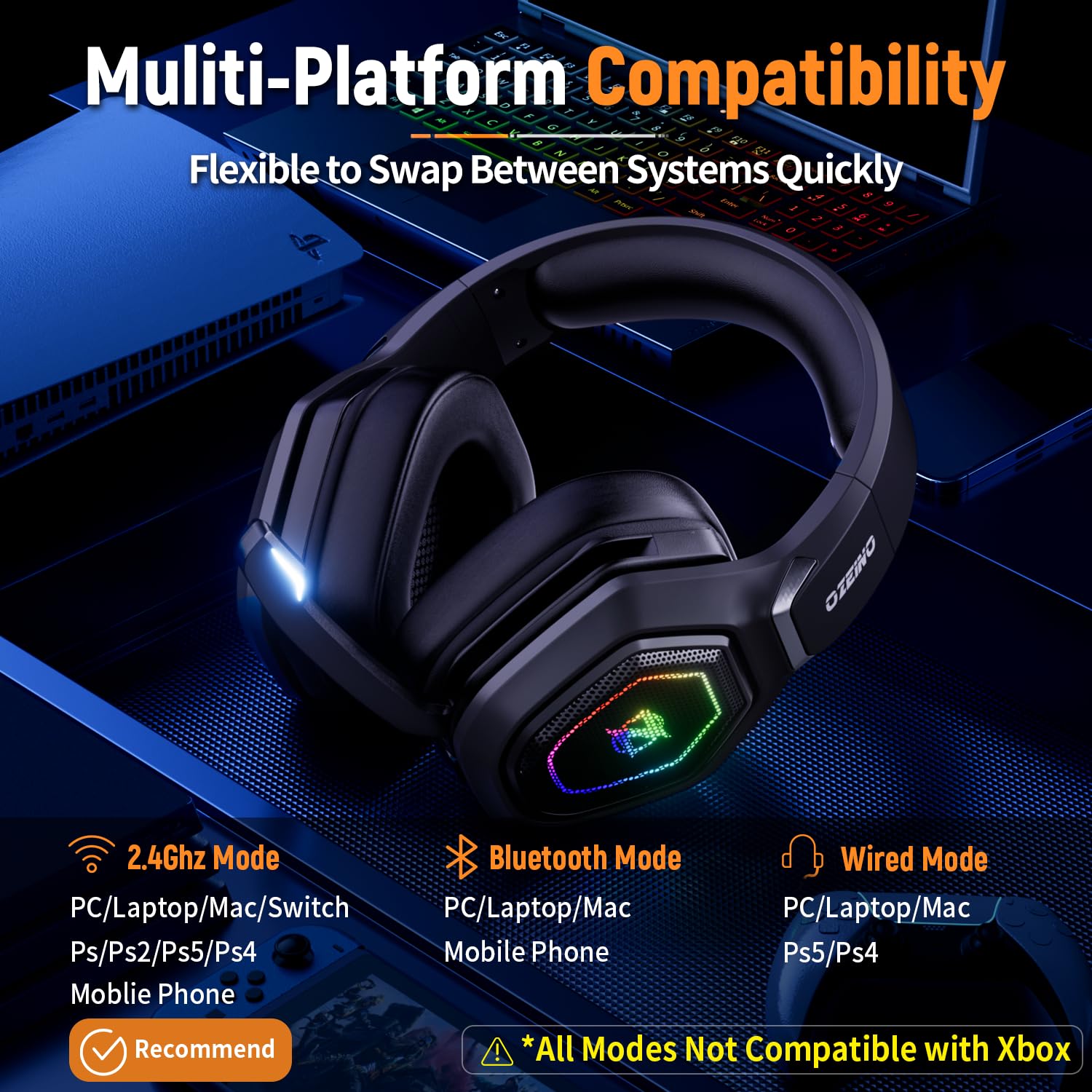 2.4GHz Wireless Gaming Headset with Microphone - 30H Battery, RGB Lighting, USB/Type-C Dongle for PS5, PS4, PC, Mobile - Perfect for Competitive Gaming & Late-Night Sessions