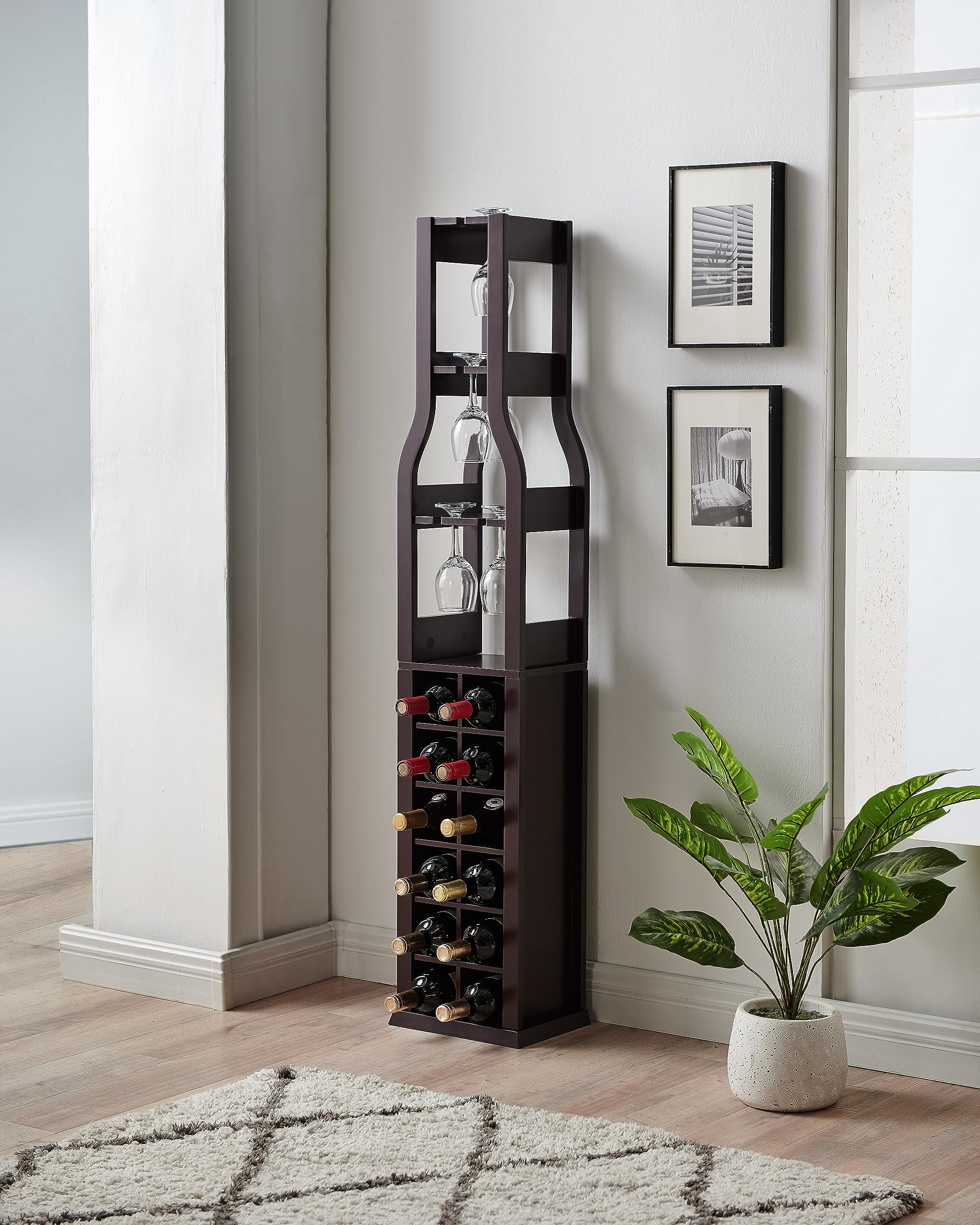 Kings Brand Granger Freestanding Wine Rack with Glass Holder - 12 Bottle Capacity & 3 Stemware Racks - Dark Cherry Wood Floor Standing Wine Storage for Home Bar, Kitchen, Dining Room - Perfect for Wine Enthusiasts & Entertaining Guests