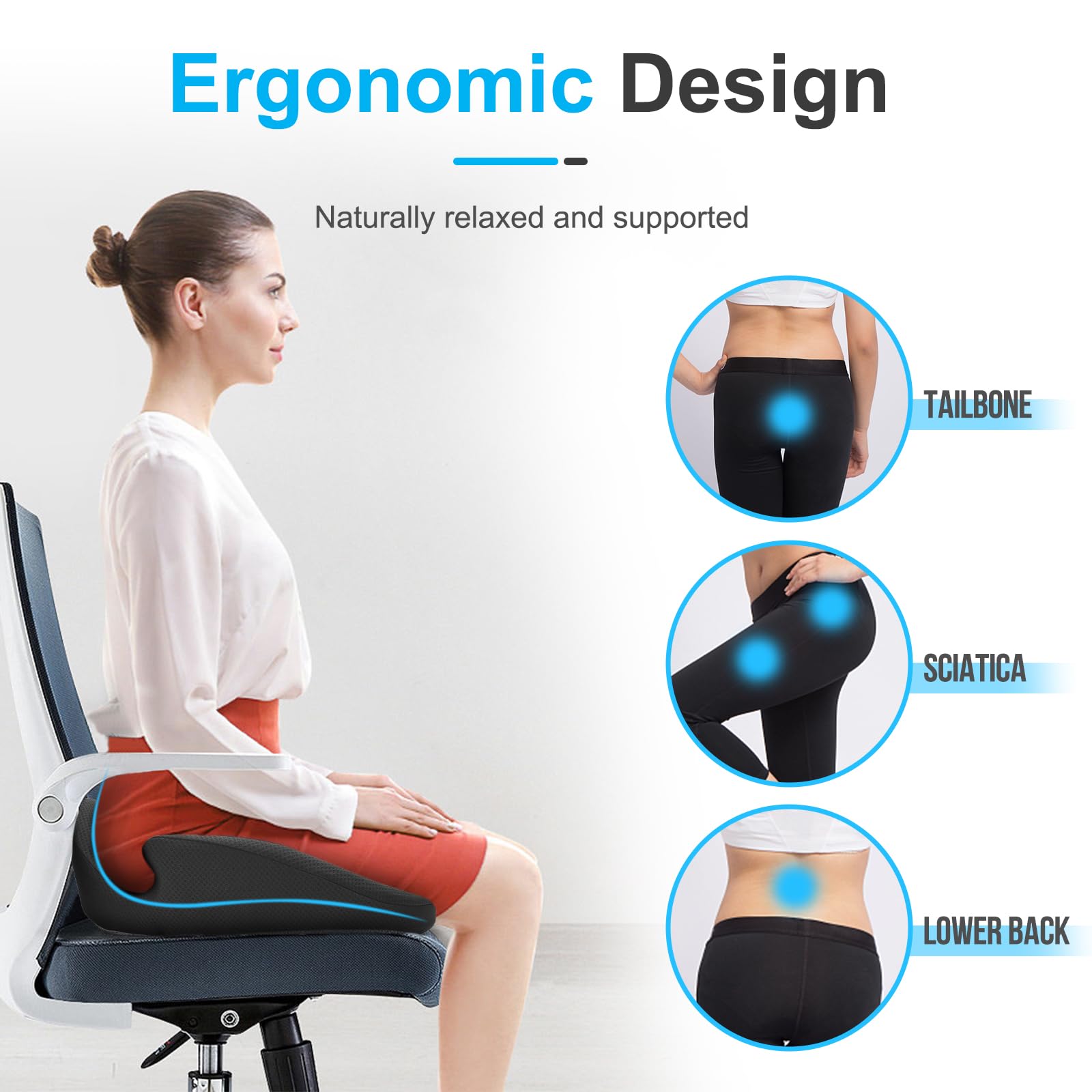 Memory Foam Seat Cushion for Office Chairs - Sciatica & Tailbone Pain Relief - Gaming & Wheelchair Use