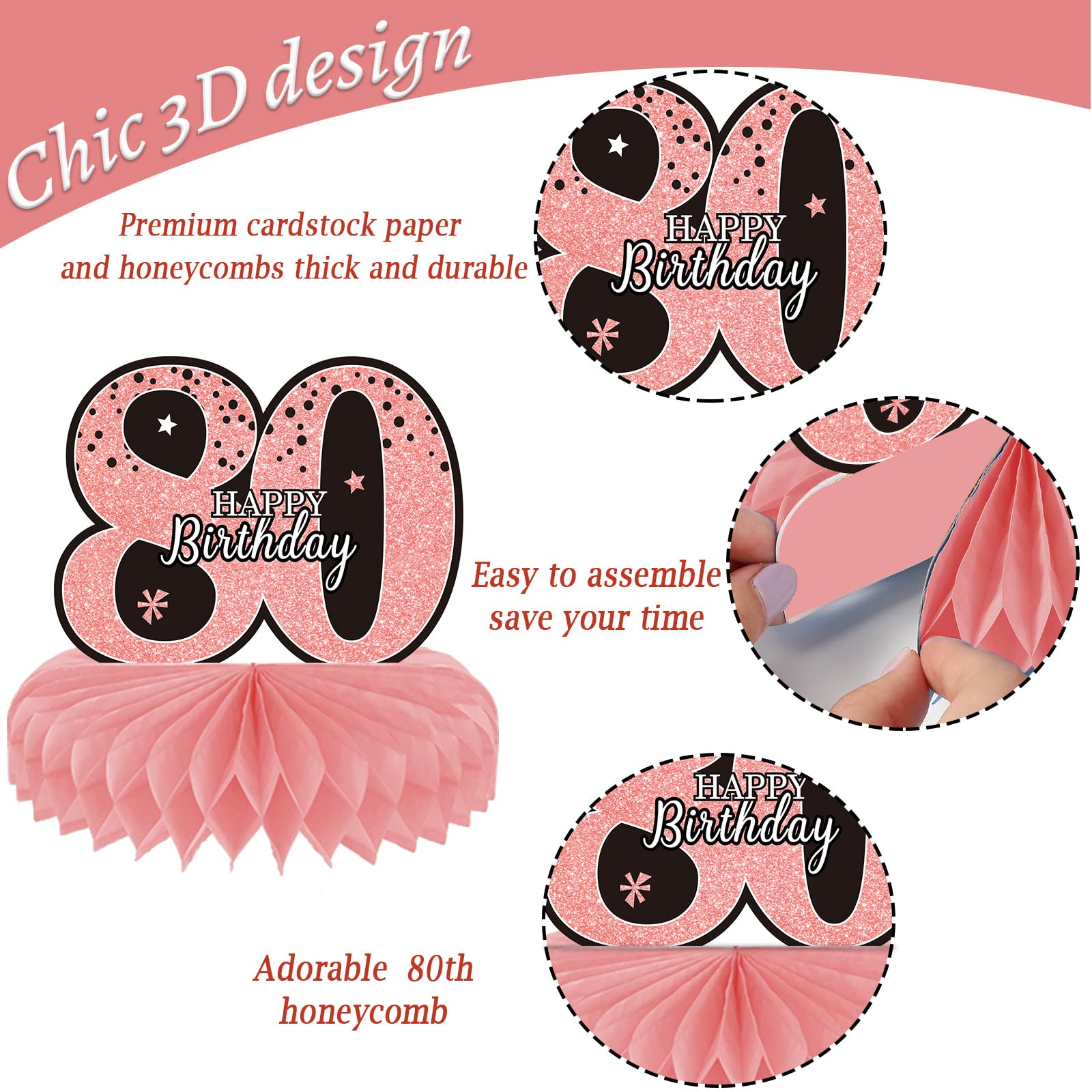 9-Piece Rose Gold 80th Birthday Party Decorations Set for Women - Pink Table Centerpieces, Honeycomb Topper & Cheers Sign - Perfect for Milestone Celebrations, Retirement Parties & Grandmother's Birthday Decor