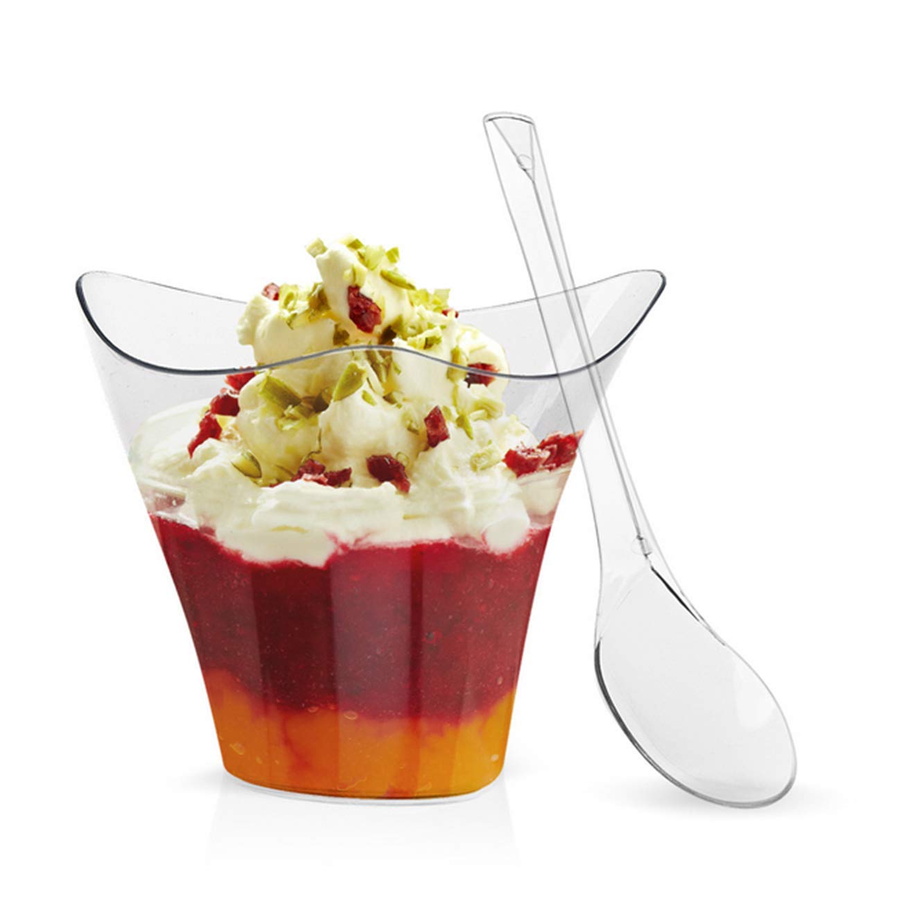 50-Pack 3.3oz (100ml) Disposable Plastic Dessert Cups with Spoons - Swirl Triangle Ice Cream Bowls, Appetizer & Salad Containers - Perfect for Parties, Weddings, Catering, and Tasting Events