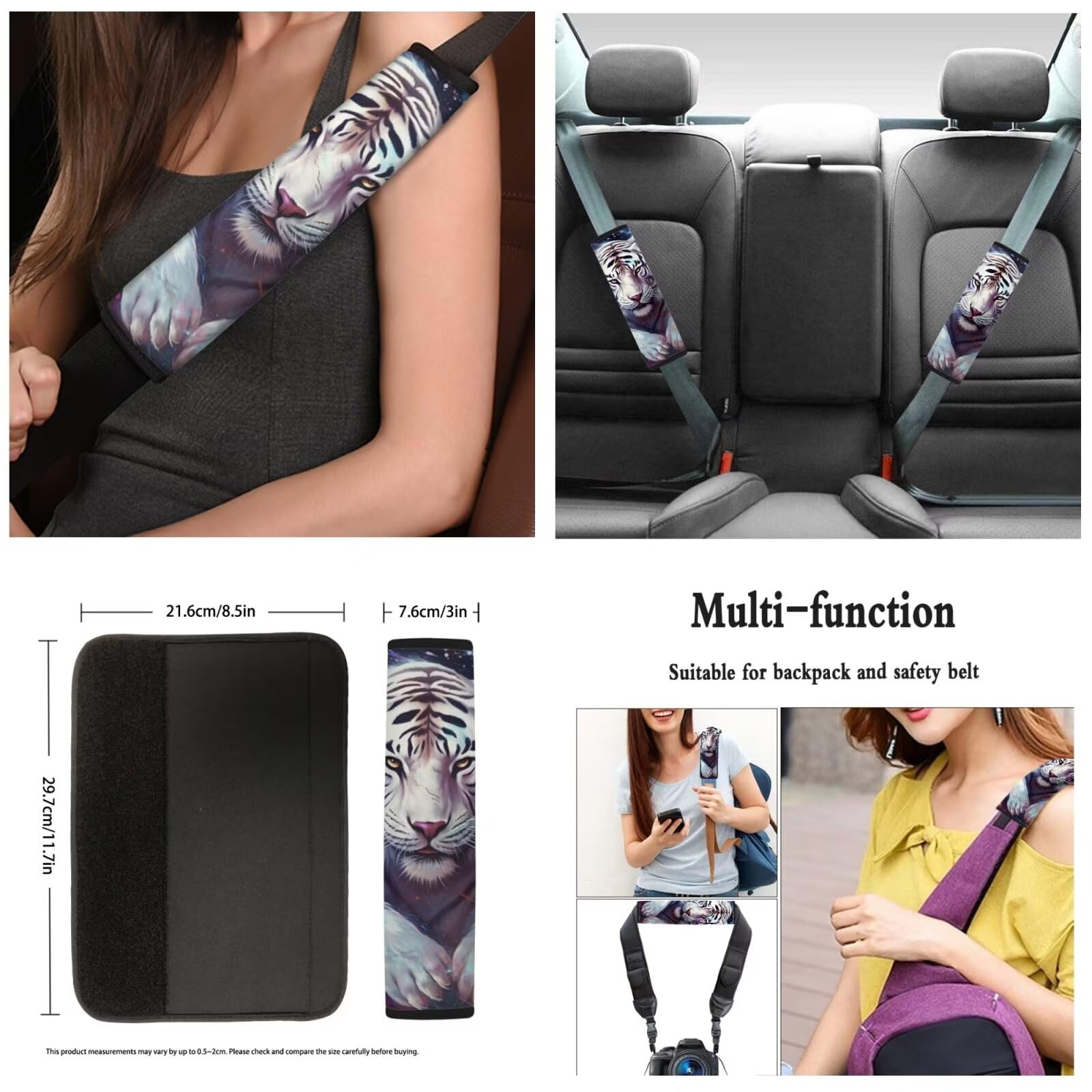 Premium White Tiger Print Car Seat Covers Full Set - Universal Fit for Women & Men | Steering Wheel Cover, Front & Back Seat Protectors, Seat Belt Pads, Coasters & Keychains | SUV/Truck Interior Decor Accessories for Road Trips & Daily Commute