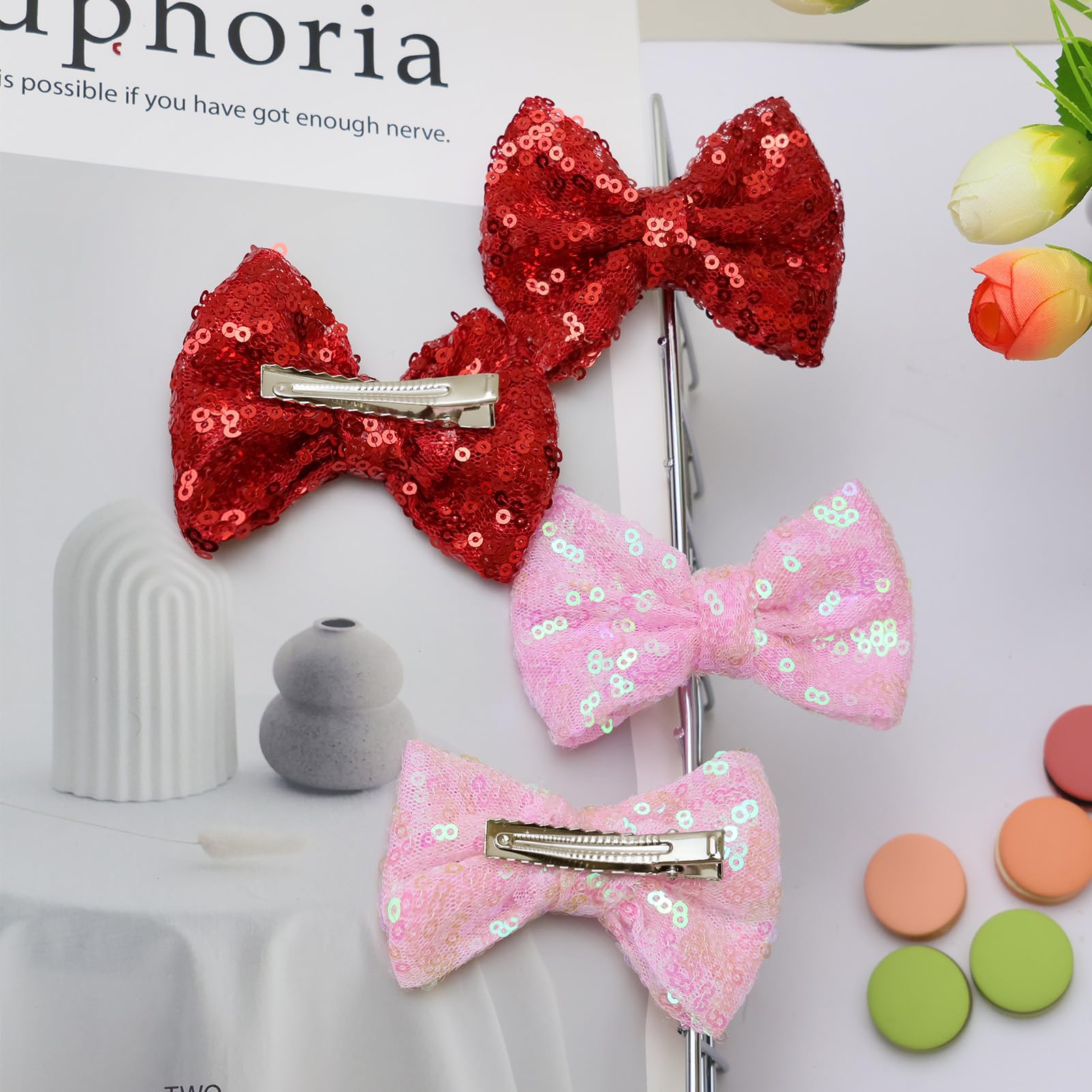 Sparkly Red Hair Clips for Girls - 4pcs Glitter Bow Hair Accessories for Toddlers, Teens & Kids | Non-Slip Alligator Clips | Perfect for School, Parties & Daily Styling