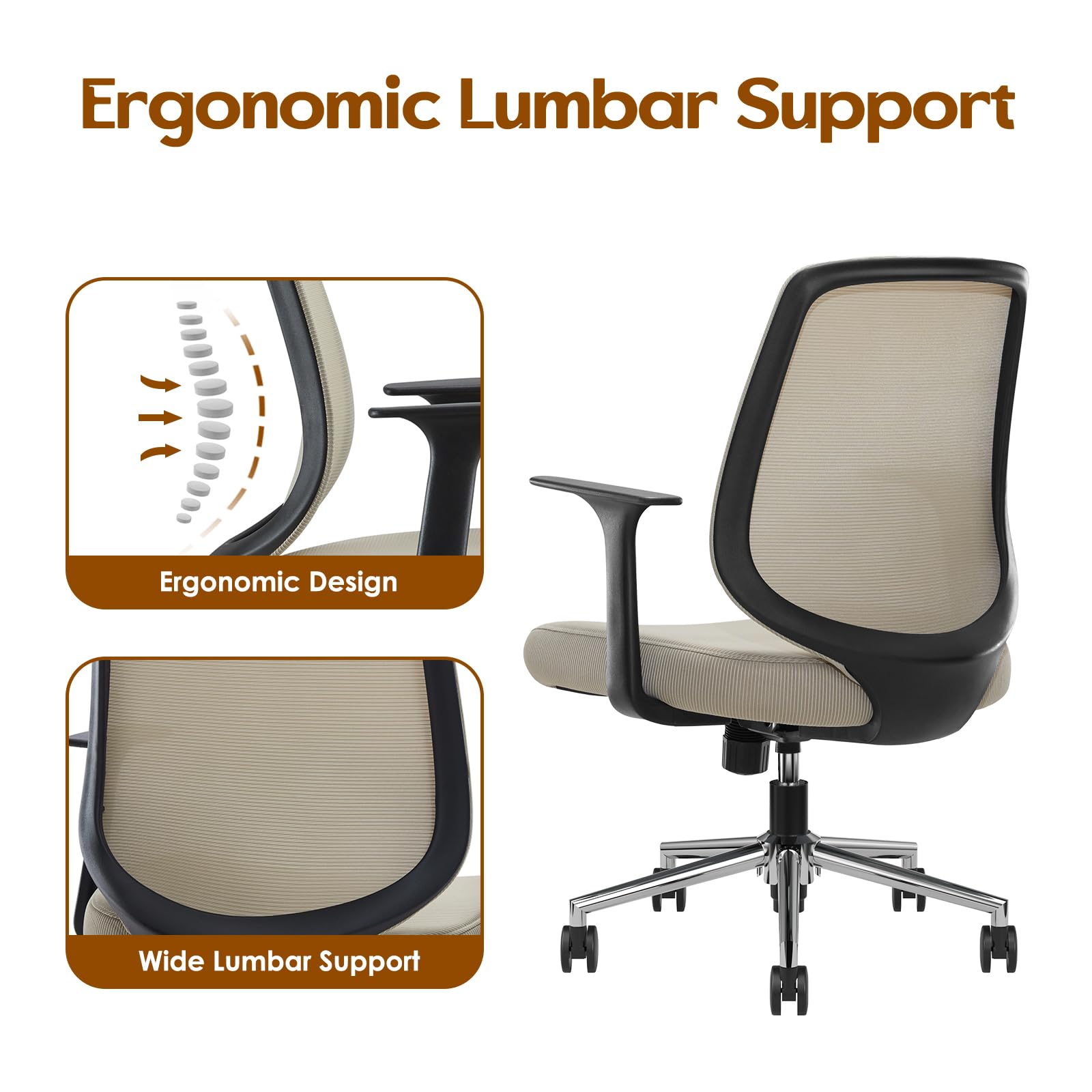 Farini Ergonomic Home Office Chair - Adjustable Mesh Desk Chair with Lumbar Support & Armrests - Comfortable Computer Chair for Work, Study, Gaming - Perfect for Small Spaces & Long Hours (Beige)