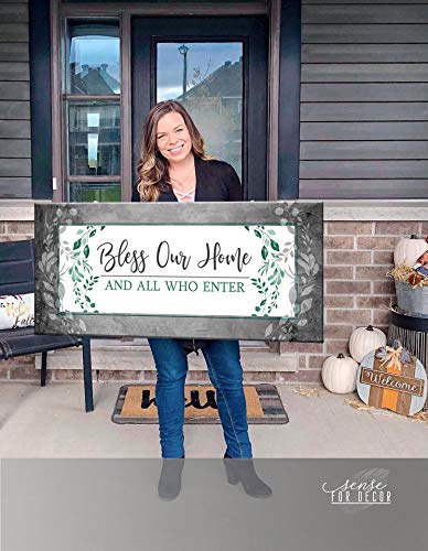 Bless Our Home Sign - Large Canvas Wall Art for Front Door & Entryway Decor, Housewarming Gift (Green, 42x19) - Perfect for Living Room, Bedroom & Home Interior Design