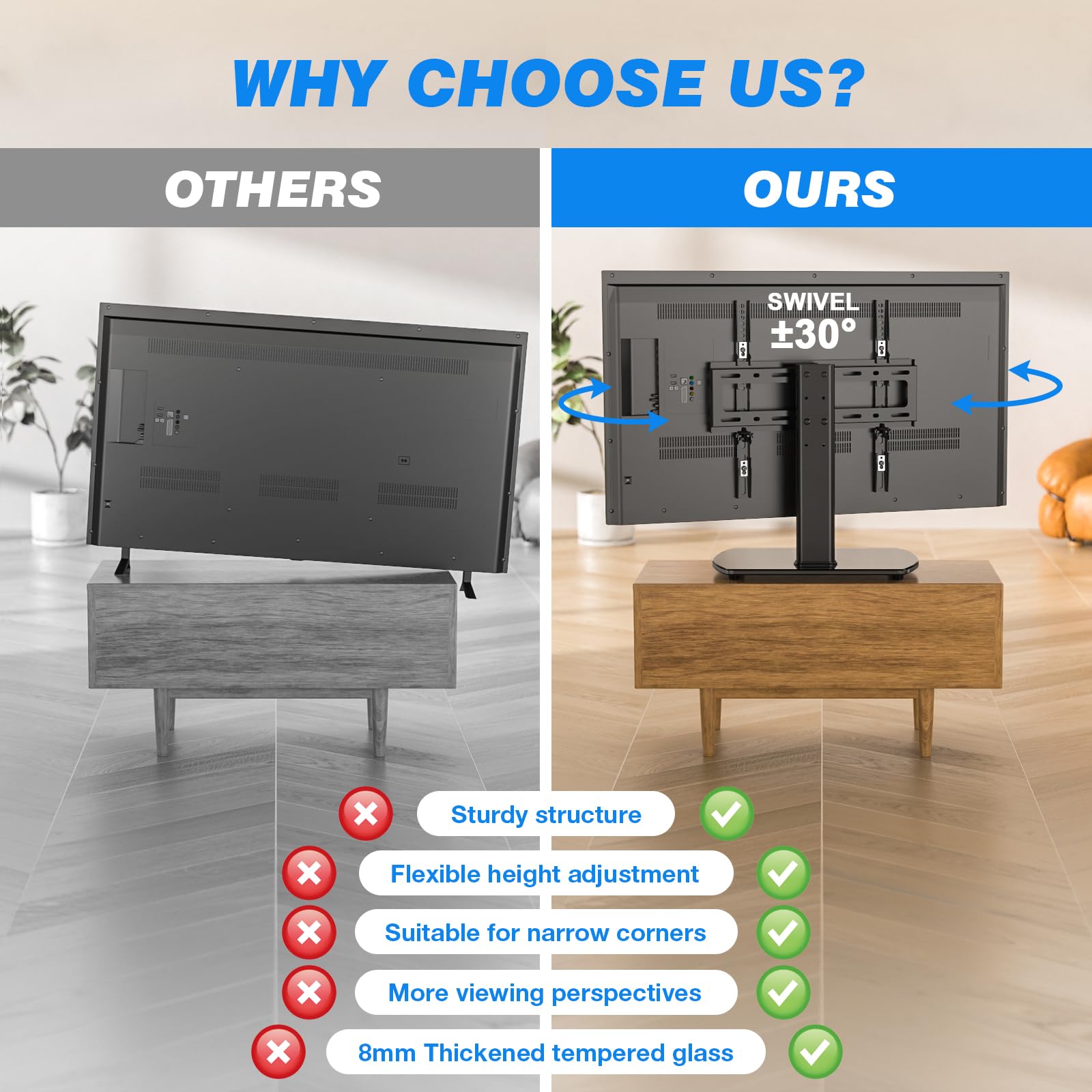 Universal Swivel TV Stand for 27-60 Inch TVs - Height Adjustable Table Top TV Mount Holds 88 lbs - Tempered Glass Base Pedestal Stand for Living Room, Bedroom & Office