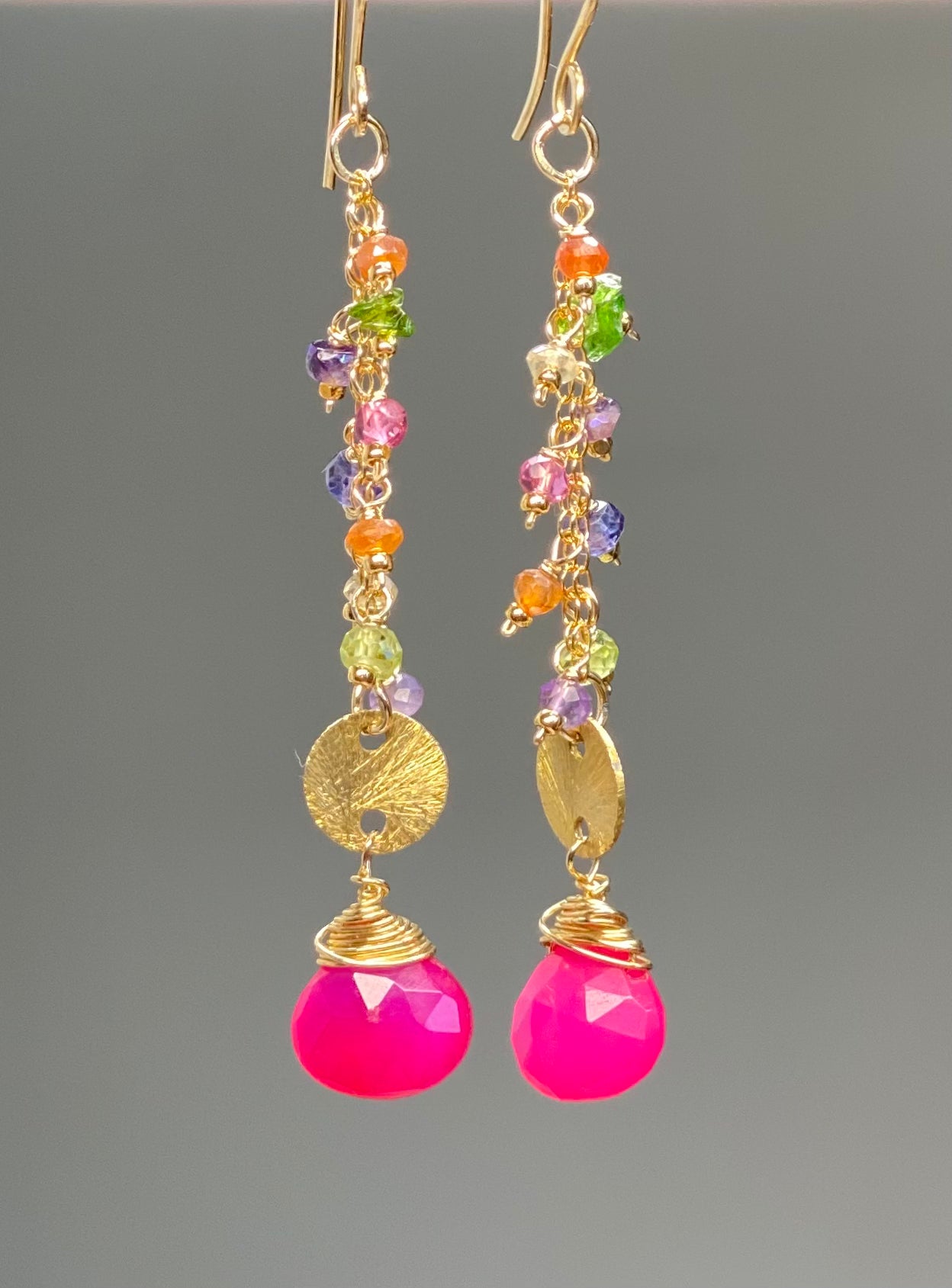 Hot Pink Chalcedony Long Dangle Earrings - Gold Filled Gemstone Jewelry for Women - Perfect for Parties, Weddings & Special Occasions