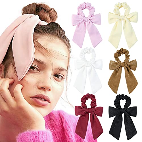 6Pcs Silk Hair Scrunchie Bows - Elegant Hair Ribbons & Ponytail Holders for Women & Girls - Soft Hair Ties, Scrunchies & Hair Bands for Everyday, Work, Party & Special Occasions
