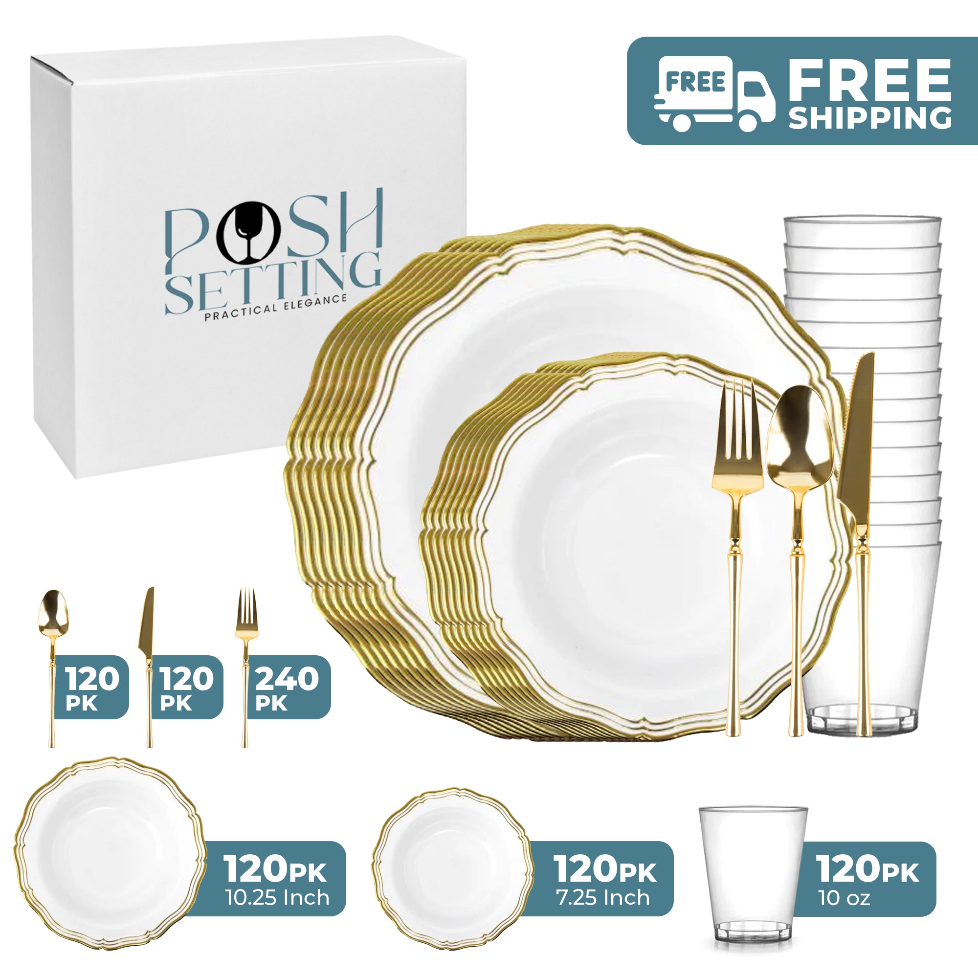 Luxury White and Gold Plastic Party Decorations Bundle - Elegant Aristocrat Theme for Weddings, Birthdays & Special Events