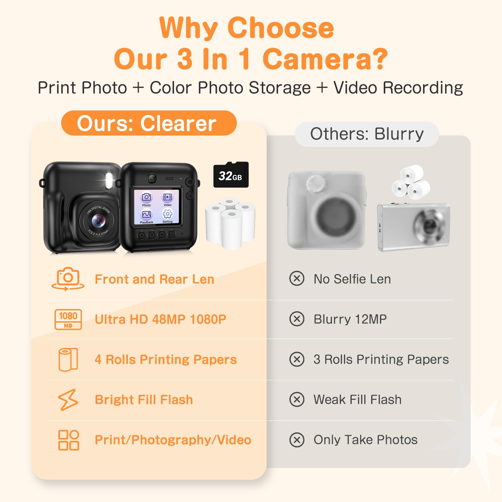 48MP Kids Instant Print Camera with Dual Lens - 1080P HD Selfie Digital Camera for Boys & Girls, Includes 32GB Card - Perfect Christmas & Birthday Gift for Kids (Black) - Capture Memories at Parties, Travel & Family Events