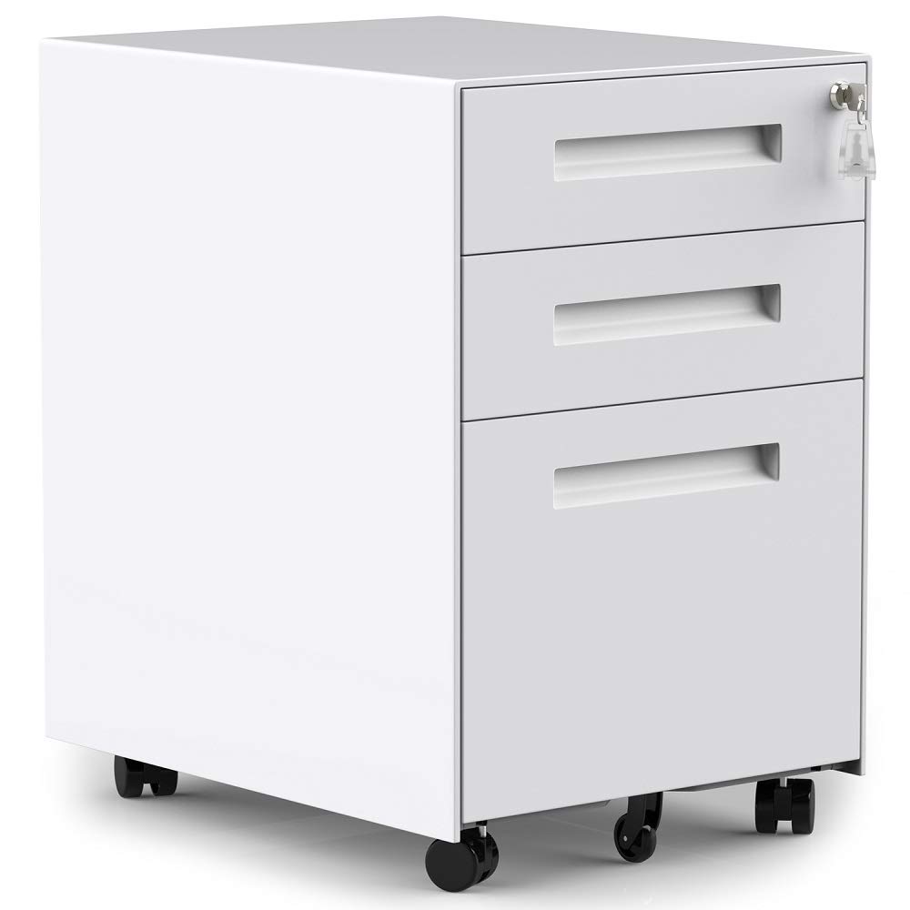 3-Drawer Mobile File Cabinet with Lock - Under Desk Rolling Storage Organizer, White Office File Cabinet Fully Assembled - Perfect for Home, Office & Workspace Organization