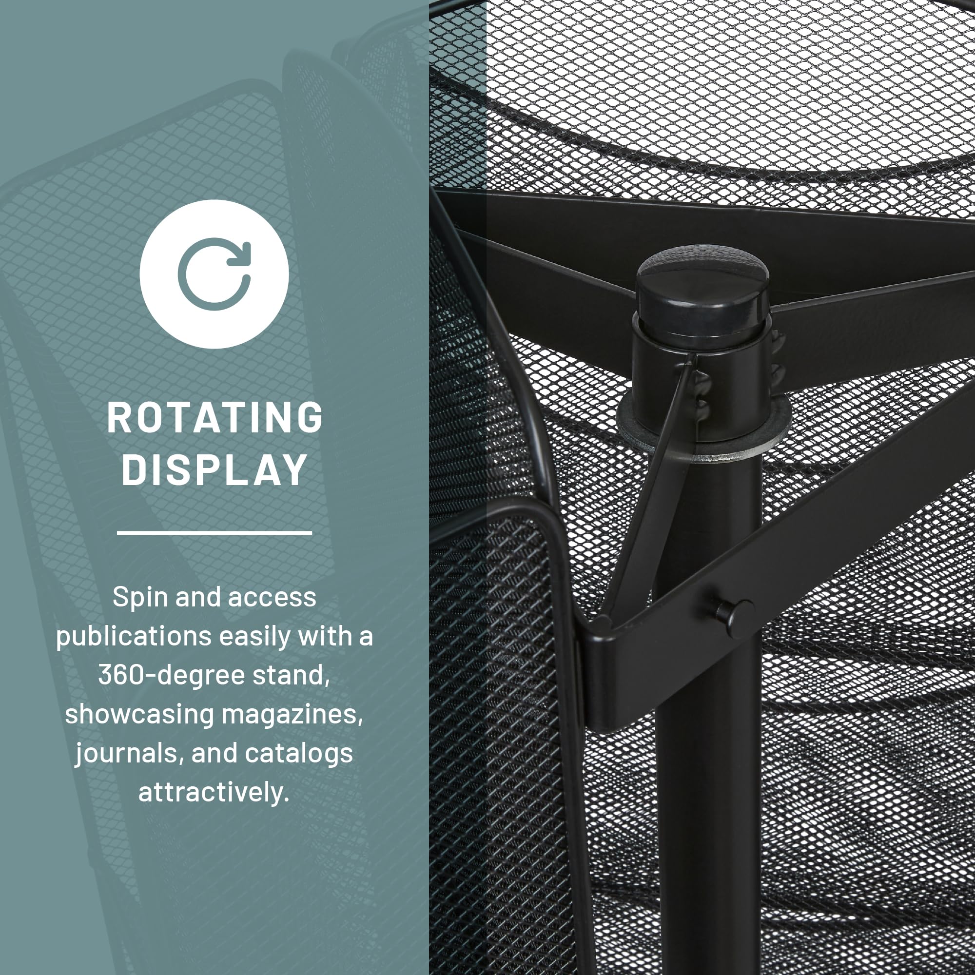 Safco Onyx Rotating Mesh Magazine Holder - 30-Pocket Display Rack & Brochure Organizer - Heavy-Duty Steel Construction in Black - Perfect for Offices, Libraries, and Retail Stores