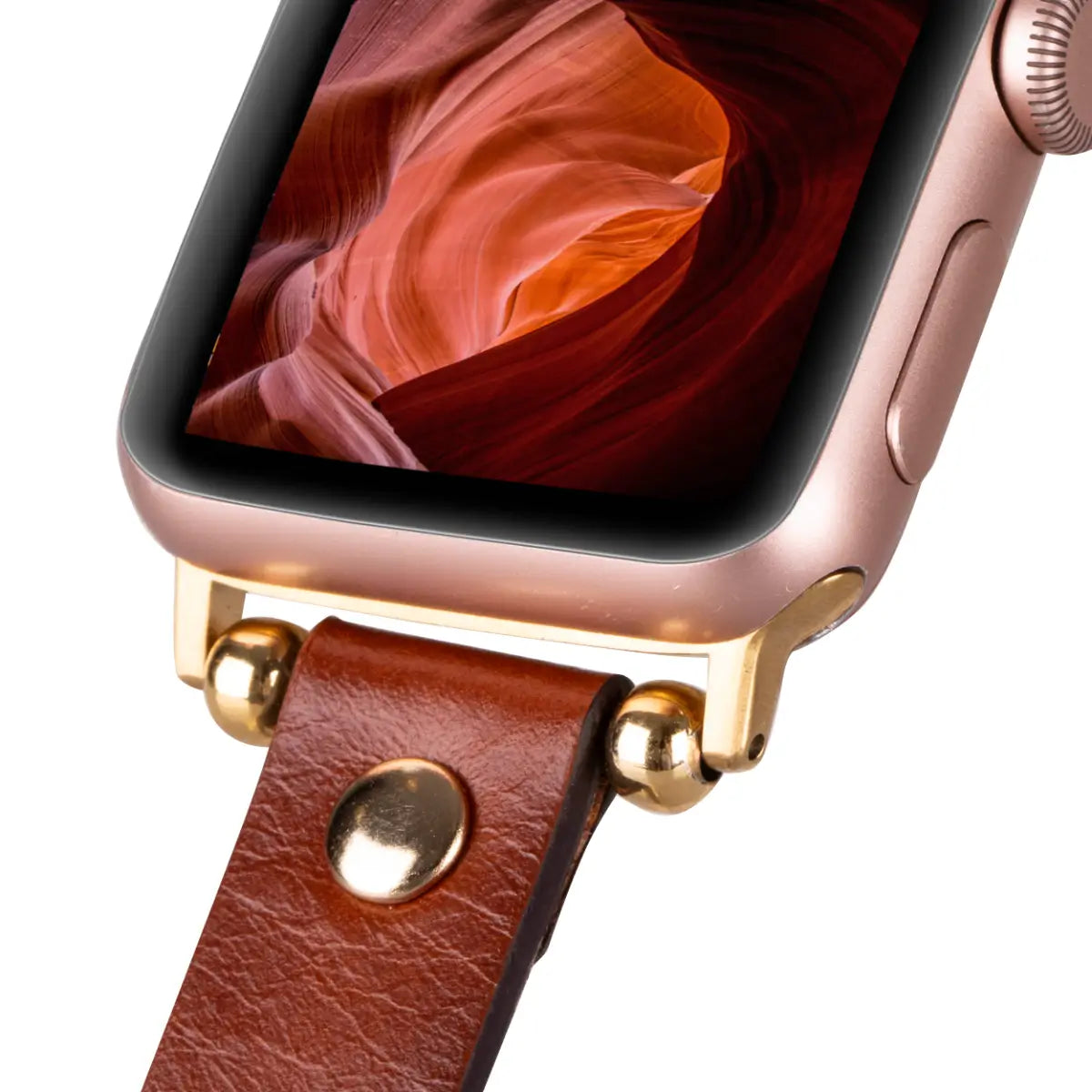 Burnished Brown Leather Ultra Slim Apple Watch Band with Gold Rivet - Stylish & Durable Replacement Strap for Work, Gym & Everyday Wear