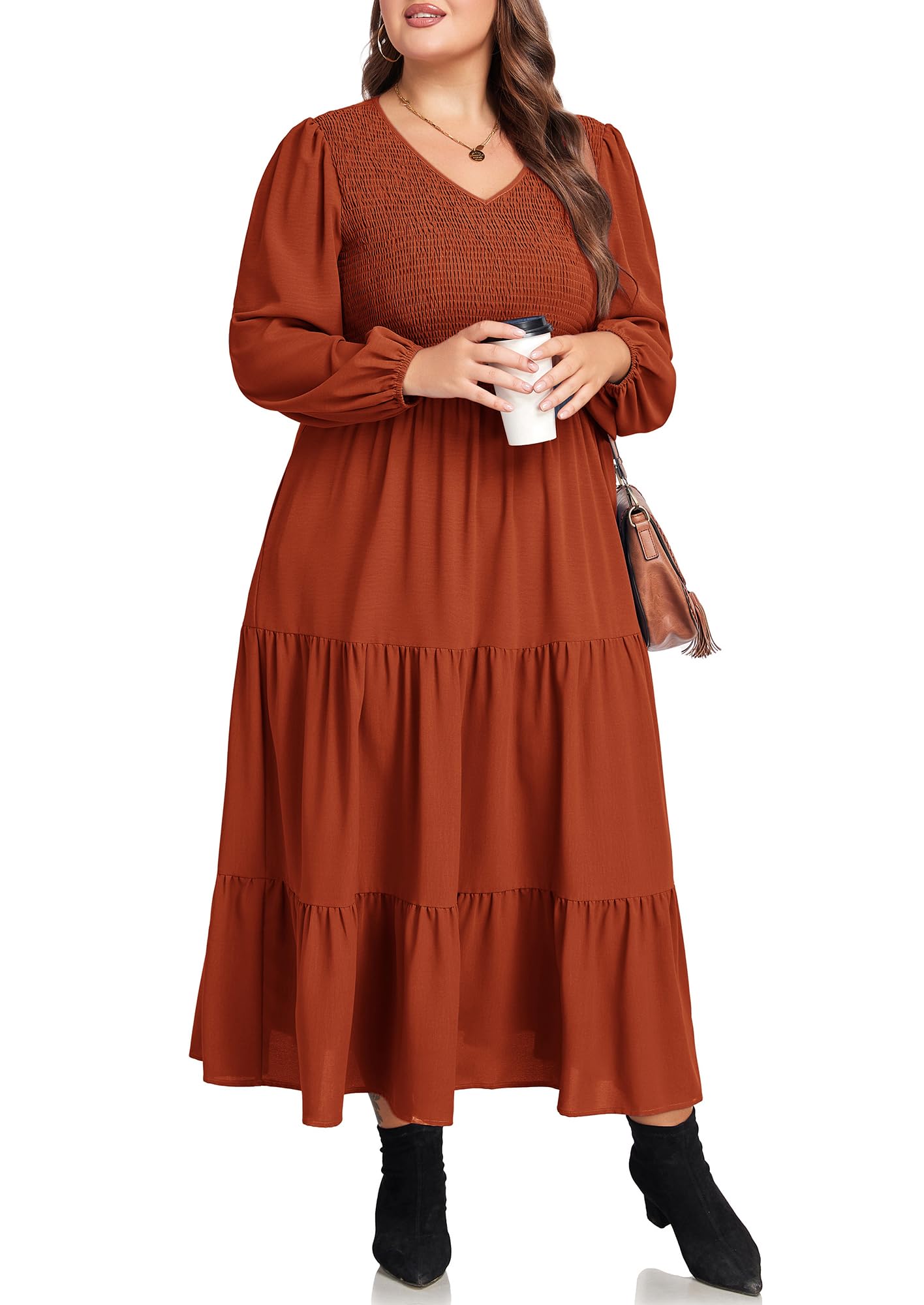 Hanna Nikole Women's Plus Size Spring Maxi Dress - Long Sleeve Smocked Flowy Tiered Dress with Pockets for Wedding Guest, Casual Wear & Outdoor Events