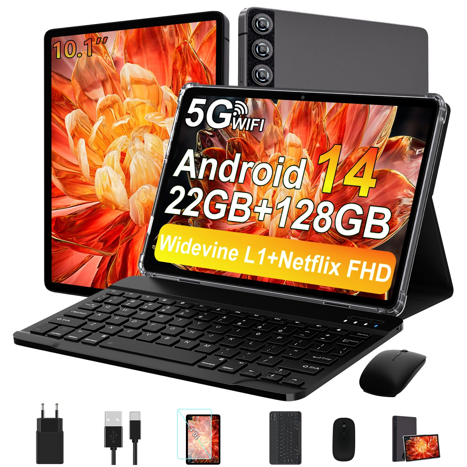 ZIOVO 10 Inch Android 14 Tablet with 22GB RAM 128GB ROM (Expandable 1TB), Widevine L1, 5G WiFi, Octa-Core 2.0GHz, 8000mAh Battery, 5MP+8MP Cameras, Bluetooth 5.0, AGPS, Metal Body - Includes Keyboard & Mouse (Gray) - Perfect for Work, Study, and Entertainment