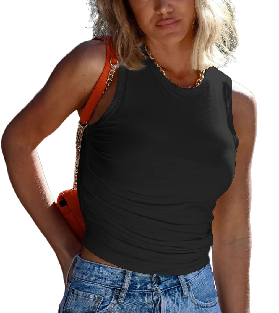 BONITEE Women's Casual Sleeveless Ruched Side Round Neck Crop Tank Top - Summer Blouse for Women, Beachwear, Vacation Outfit, Street Style Fashion