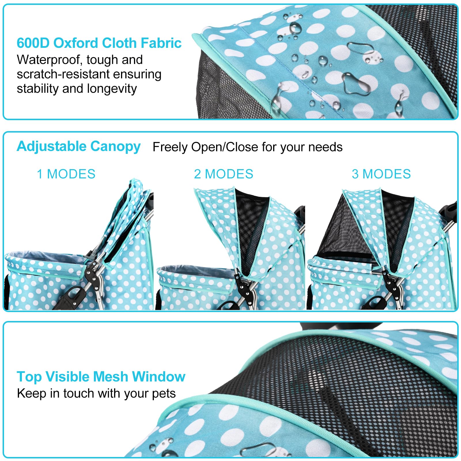 Premium Lightweight Folding Pet Stroller for Small Dogs & Cats - 4-Wheel Portable Dog Cage Jogger with Storage Basket & Cup Holder (Polka Blue) - Perfect for Park Walks, Vet Visits & Outdoor Adventures