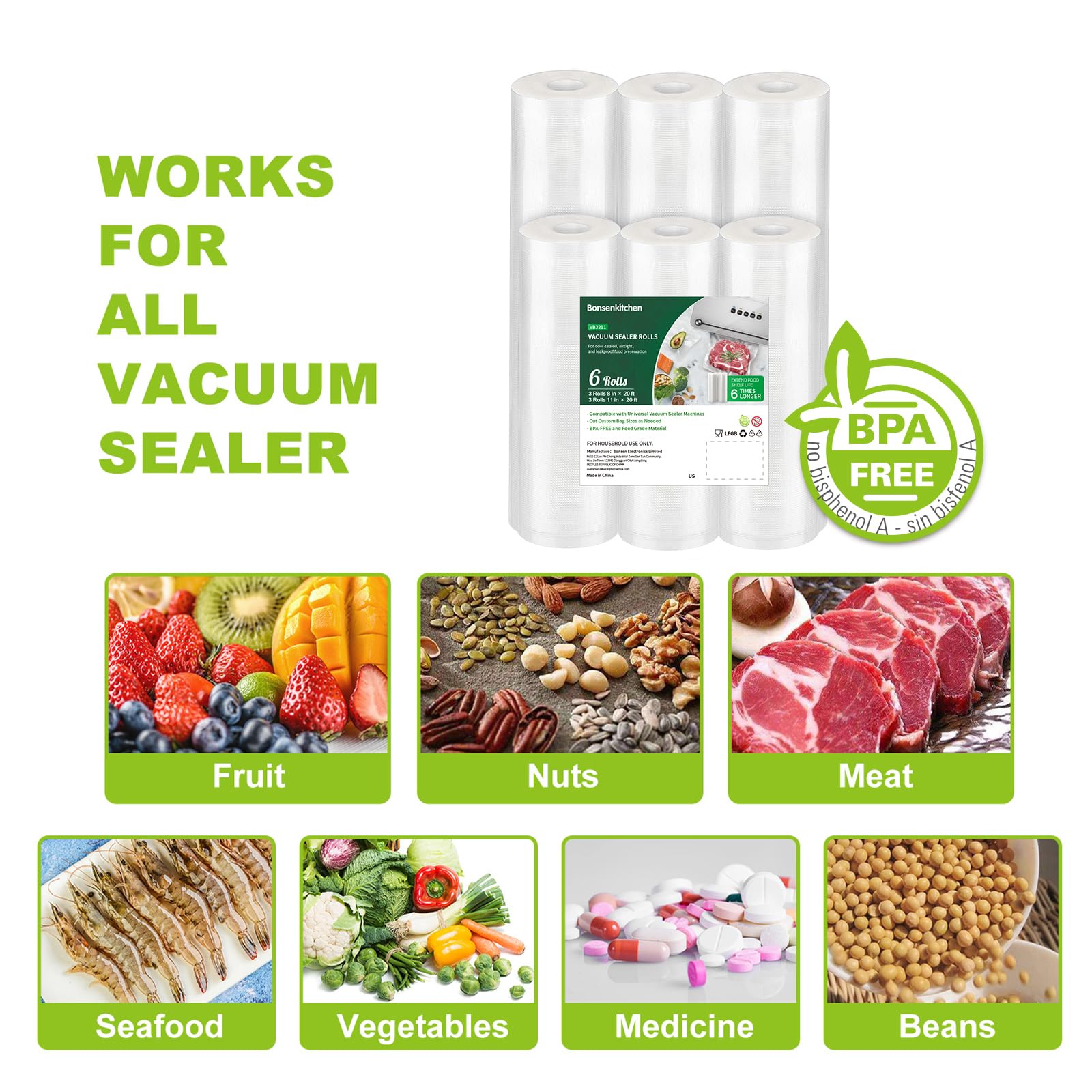 Bonsenkitchen Vacuum Sealer Bags - 6 Pack (3 Rolls 11