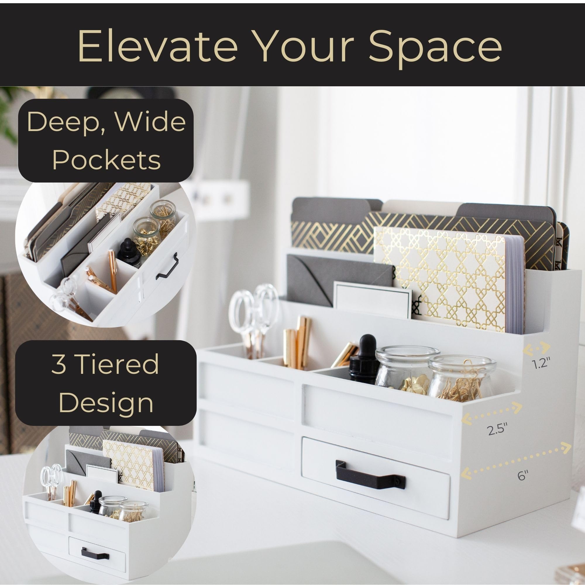 BLU MONACO White Wooden Desktop Organizer with Drawer - Office Desk Paper Tray for Bills, Mail & Documents - Perfect for Home Office, Workspace & Countertop Organization