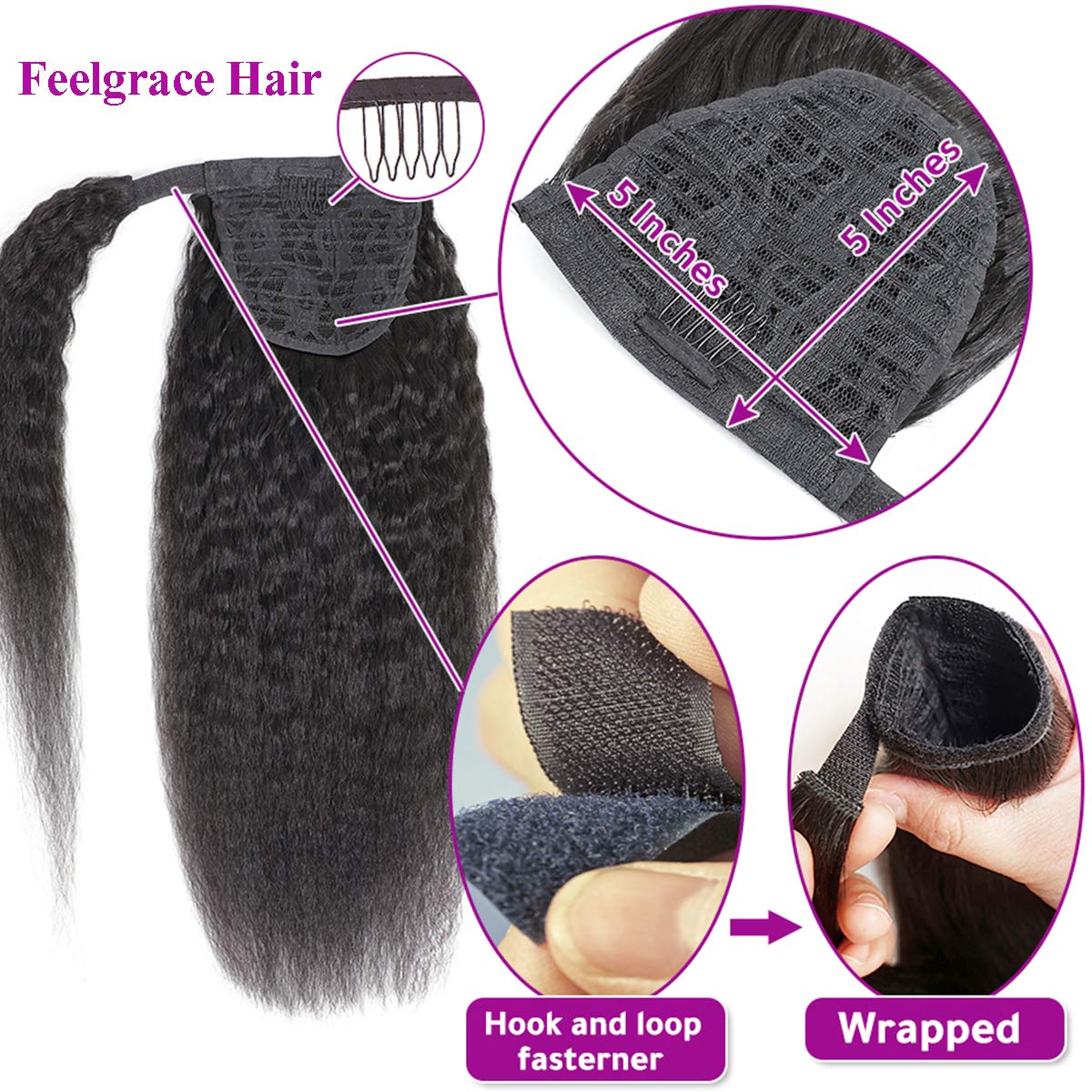 Kinky Straight Human Hair Ponytail Extension 20 Inch 130g - Natural Black 1B Color Clip-in Wrap Around Ponytail with Comb for Black Women | Perfect for Parties, Weddings & Everyday Styling
