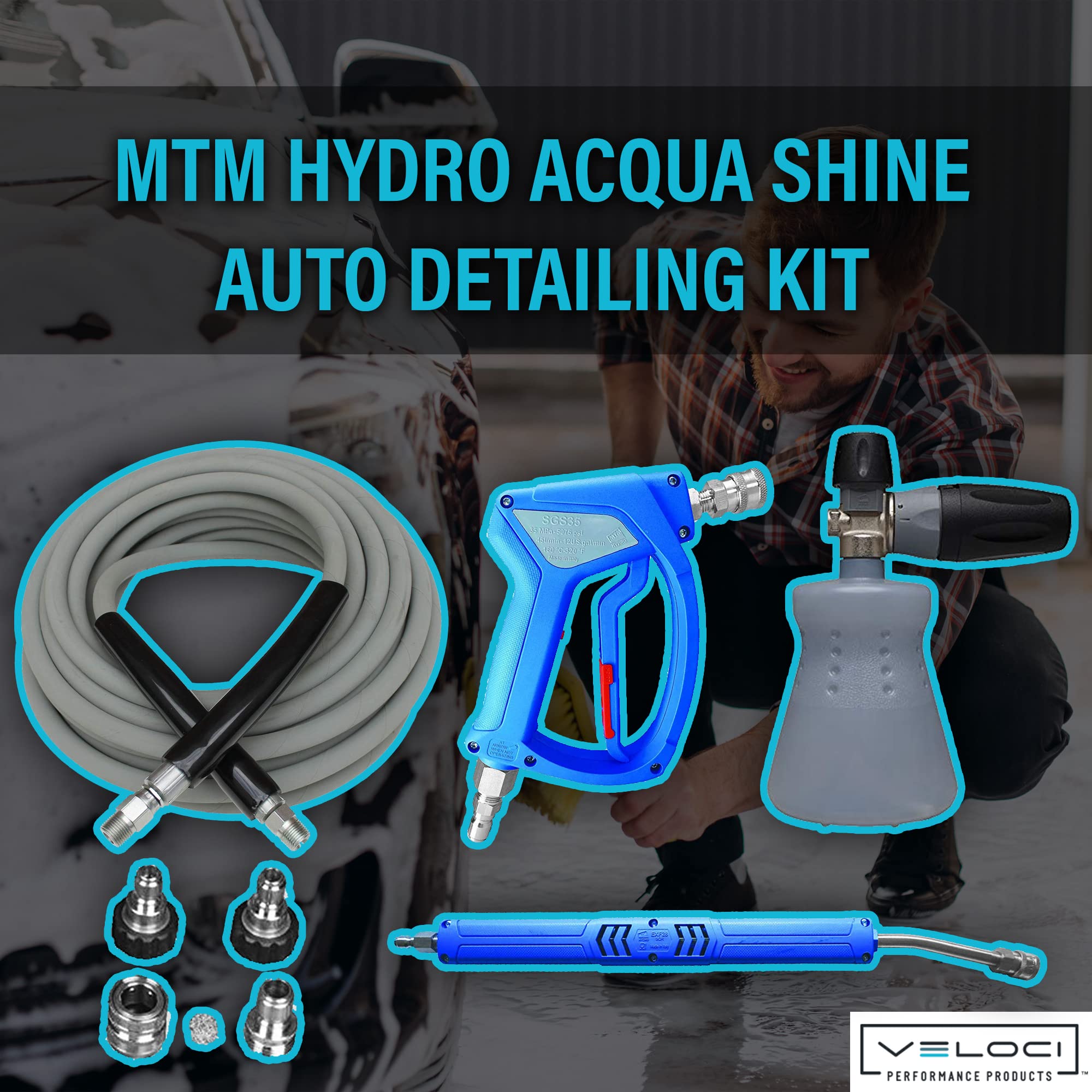 MTM Hydro Acqua Shine Auto Detailing Kit - PF22.2 Foam Cannon & Pressure Washer Spray Gun with 50' Kobrajet Hose | Professional Car Wash System for Home & Commercial Use | Perfect for Detailing, Ceramic Coating & Vehicle Maintenance