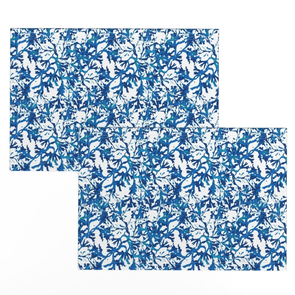 Premium Linen Cotton Canvas Placemats Set of 2 - Nautical Ocean Beach Print in Seaweed Blue | Waterproof & Washable | Perfect for Dining Table, Kitchen, Outdoor Picnics & Beach Parties