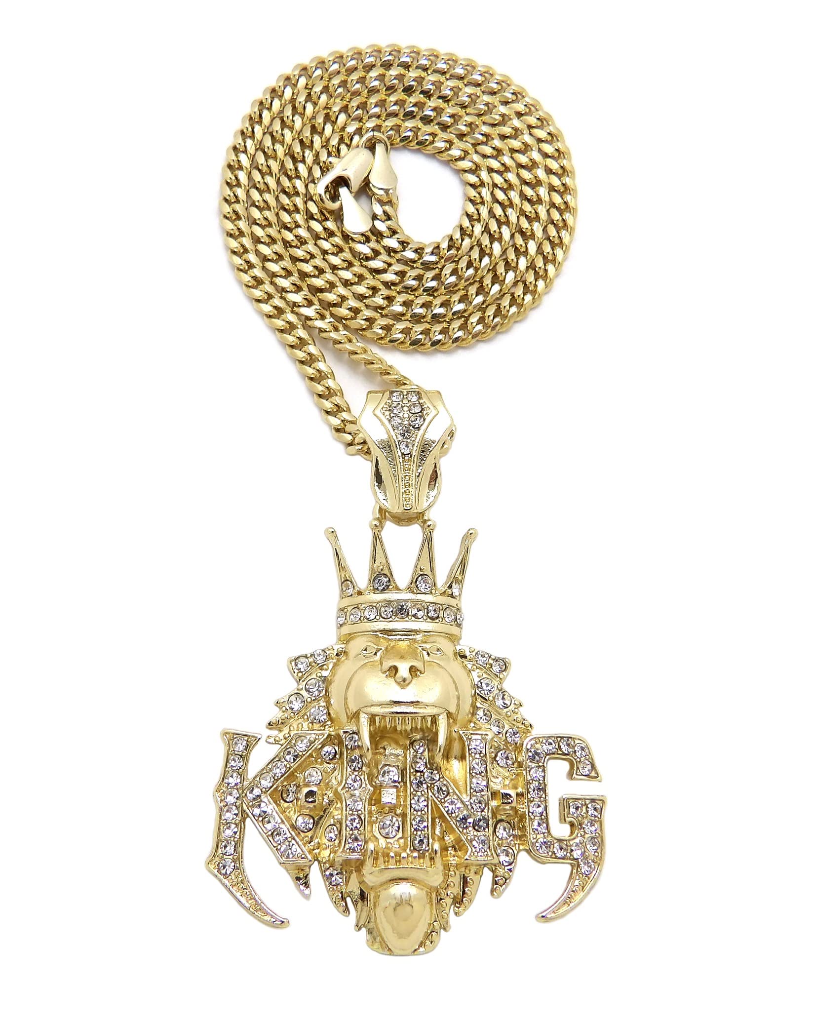 Iced Out King Crown Lion Pendant Box Chain Necklace - 20