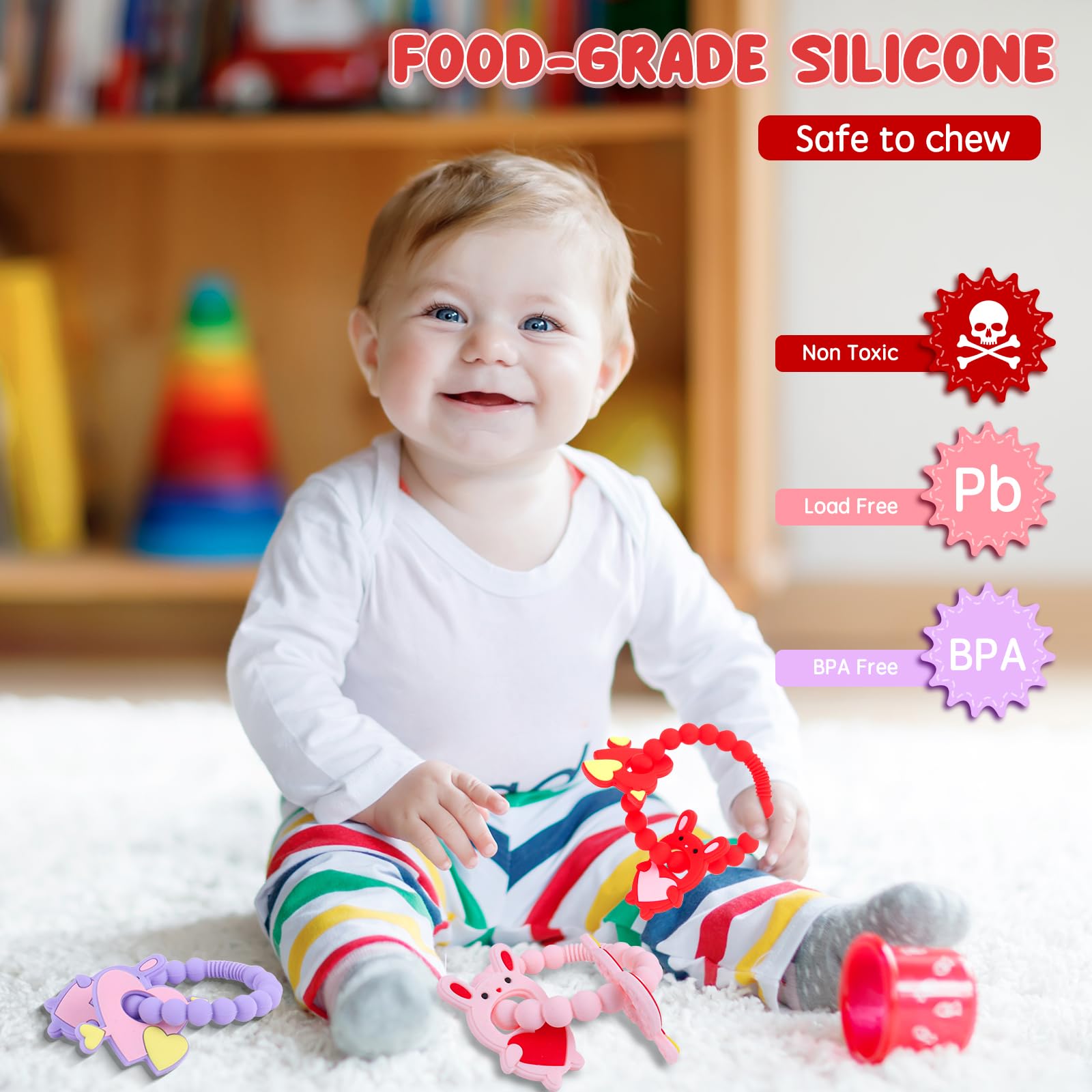 Valentine's Day Baby Teething Toys - Silicone Teethers for 0-6 Months, Easy-Grip Cupid & Heart Rabbit Design, Perfect for Valentine's Gifts & Soothing Sore Gums During Teething