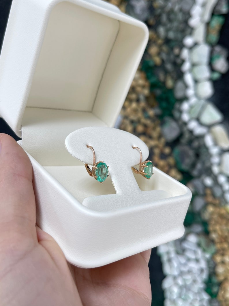 3.0tcw 14K Rose Gold Oval Cut Medium Green Colombian Emerald 6 Prong Lever Back Earrings for Women - Elegant Wedding, Anniversary & Evening Party Jewelry Gift