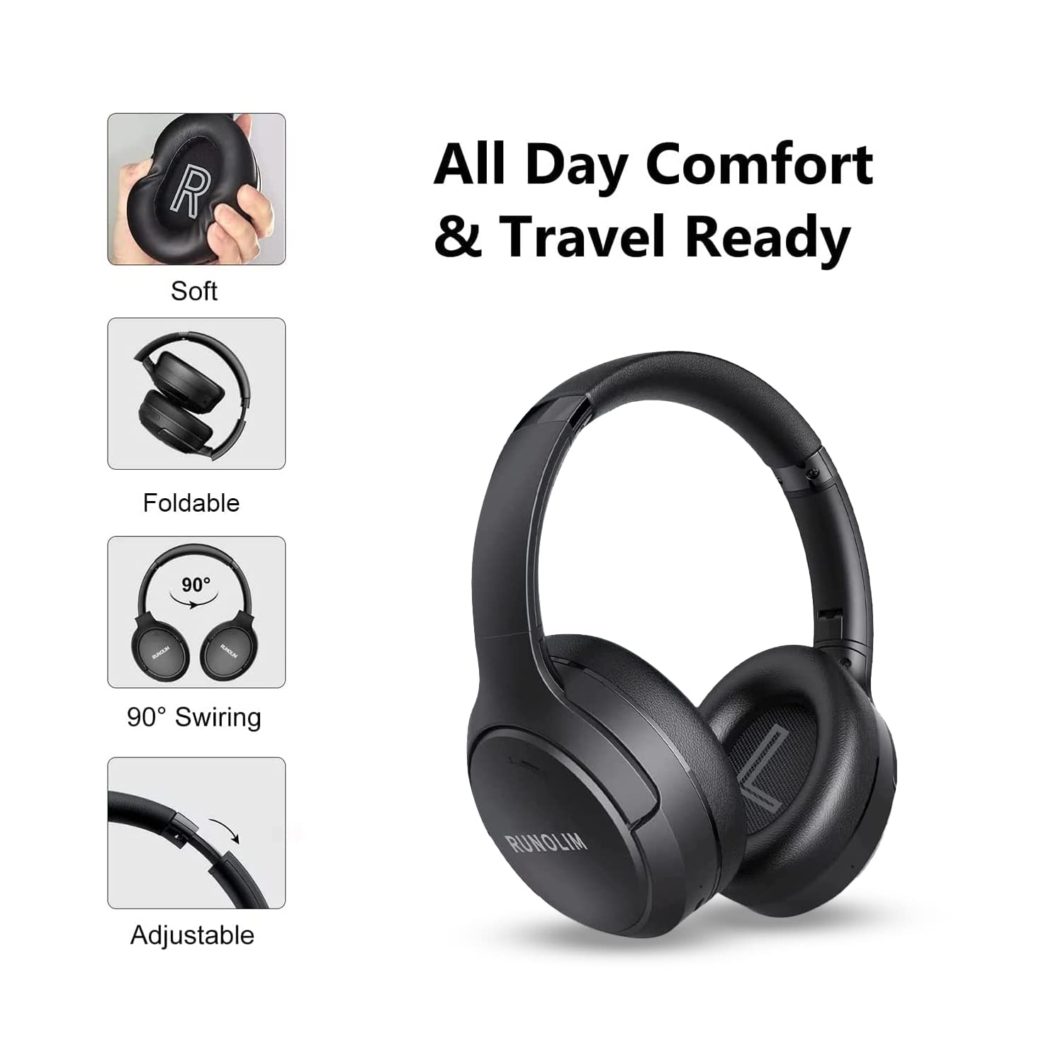 RUNOLIM Hybrid Active Noise Cancelling Wireless Over-Ear Bluetooth Headphones with Microphone - 70H Playtime, Foldable Design, HiFi Audio & Deep Bass - Perfect for Home, Travel, Office & Commuting