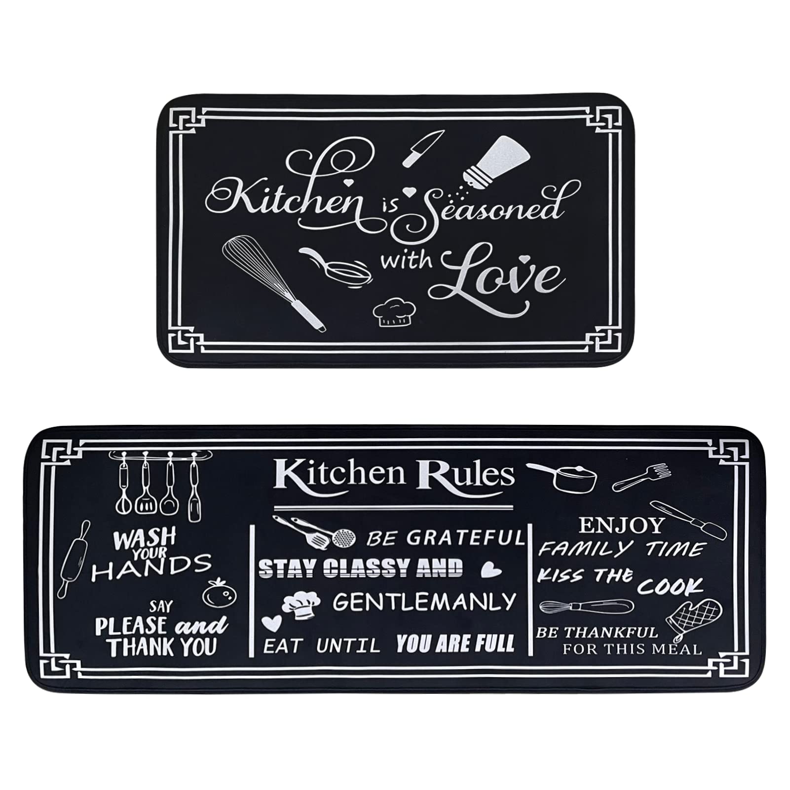 Non-Slip Washable Microfiber Kitchen Rugs Set of 2 - Black & White Kitchen Rules Themed Floor Mats (17