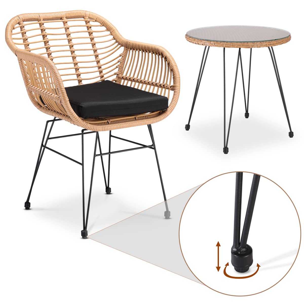 CASARIA Bali Patio Set - 1 Glass Top Table & 2 Chairs with Washable Cushions, Outdoor Garden Furniture for Balcony, Terrace & Backyard Decor