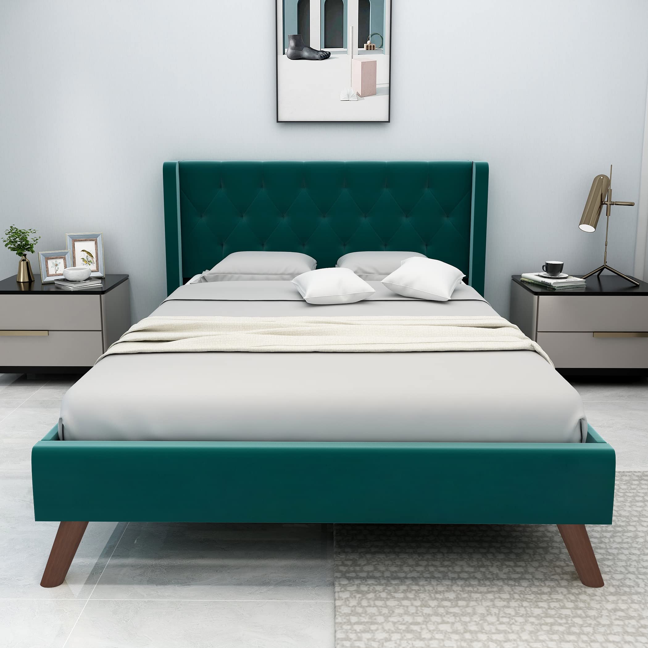 Luxury Velvet Upholstered Queen Size Bed Frame with Wingback Design & Wood Slat Support - No Box Spring Needed - Tufted Headboard - Dark Green - Perfect for Master Bedroom & Guest Room Decor