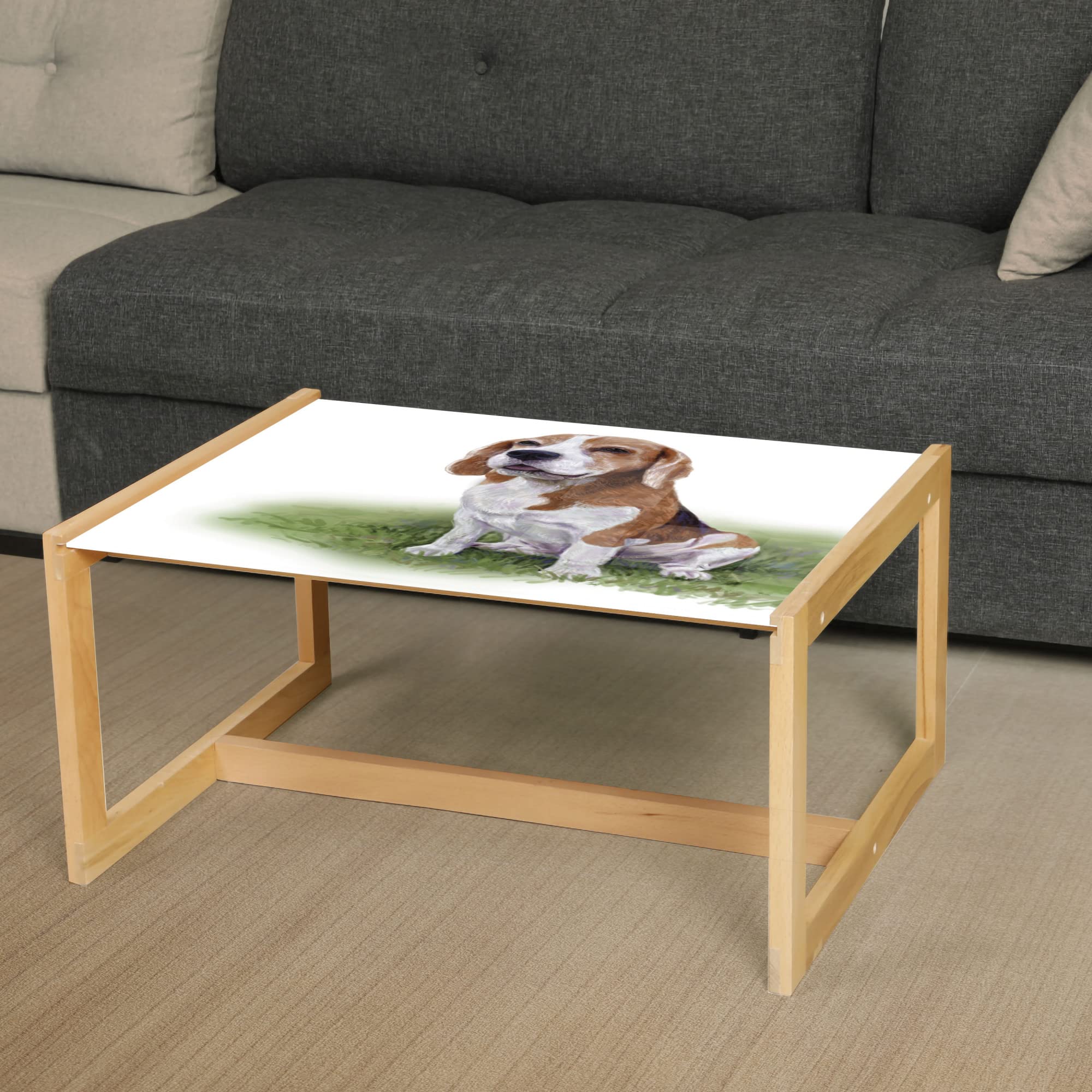 Ambesonne Beagle Coffee Table - Wooden Frame Acrylic Glass, Rosewood Caramel for Office & Dorm Decor