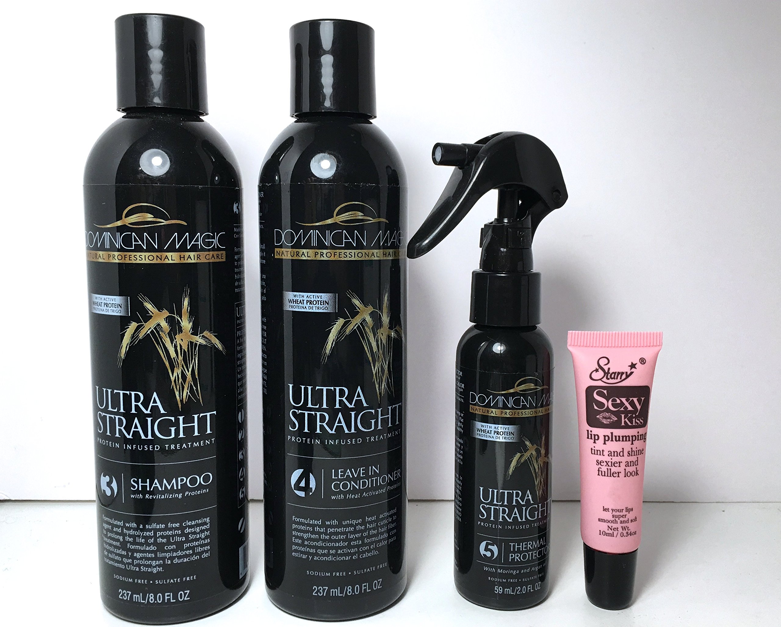 Dominican Magic Ultra Straight Hair Care Kit - 3 Shampoo (8oz), 4 Leave-In Conditioner (8oz) & 5 Thermal Protector (2oz) for Smooth, Silky Hair | Free Starry Sexy Kiss Lip Plumper (10ml) | Perfect for Salon-Quality Styling at Home