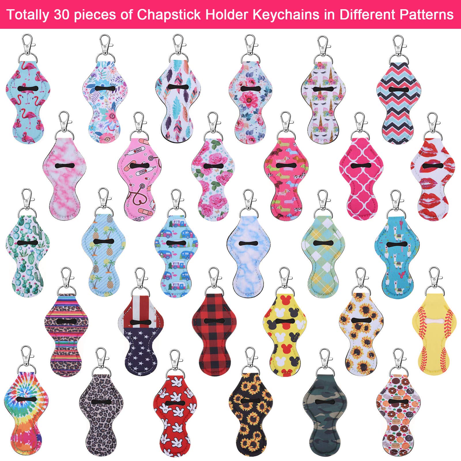 Caffox 30Pcs Chapstick Holder Keychain with Clip - Bulk Lip Balm, Lipstick & Lipgloss Holder for Lanyards & Keychains - Perfect for Gym, Travel, and Everyday Use